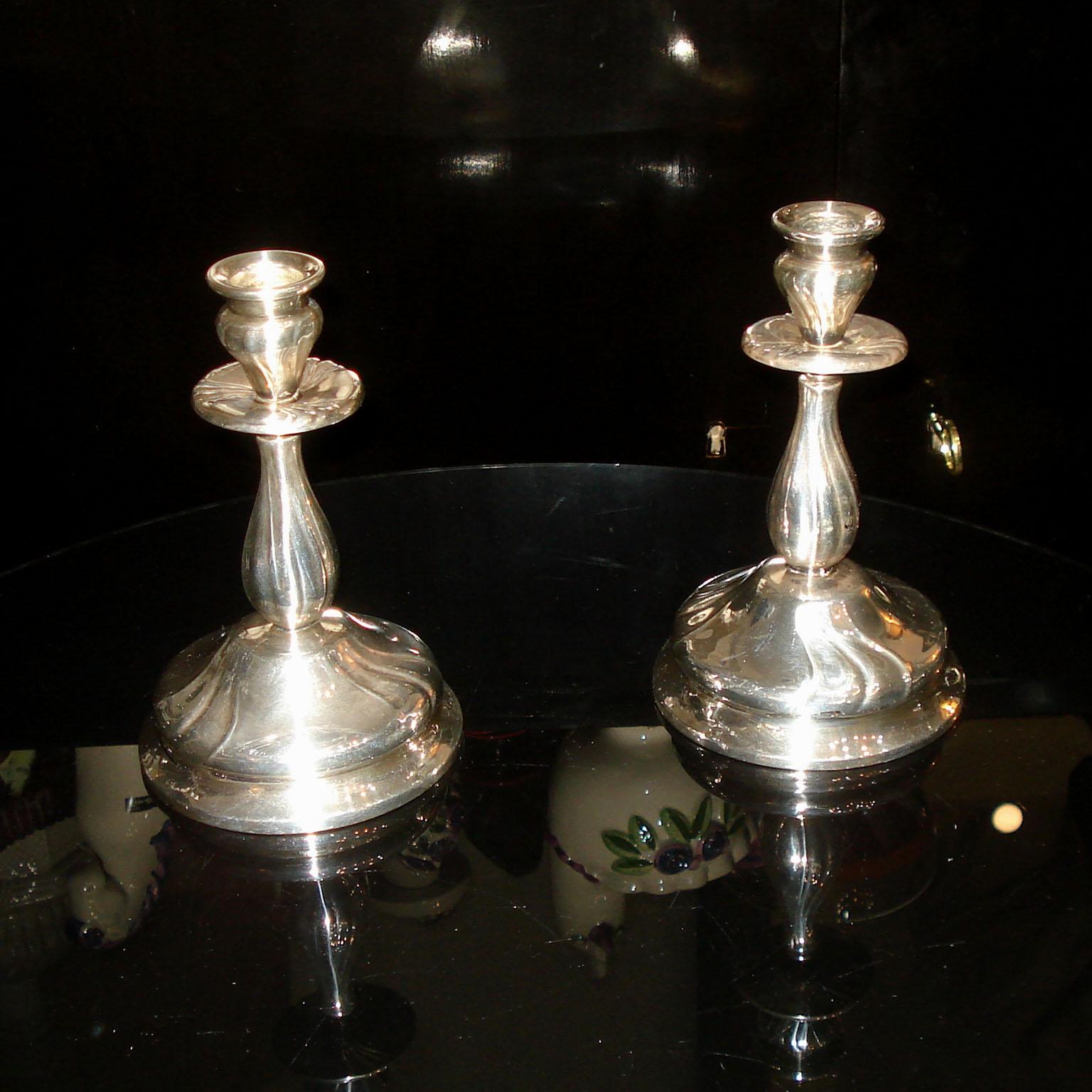 European Art Nouveau Pair of Silvered Candleholders