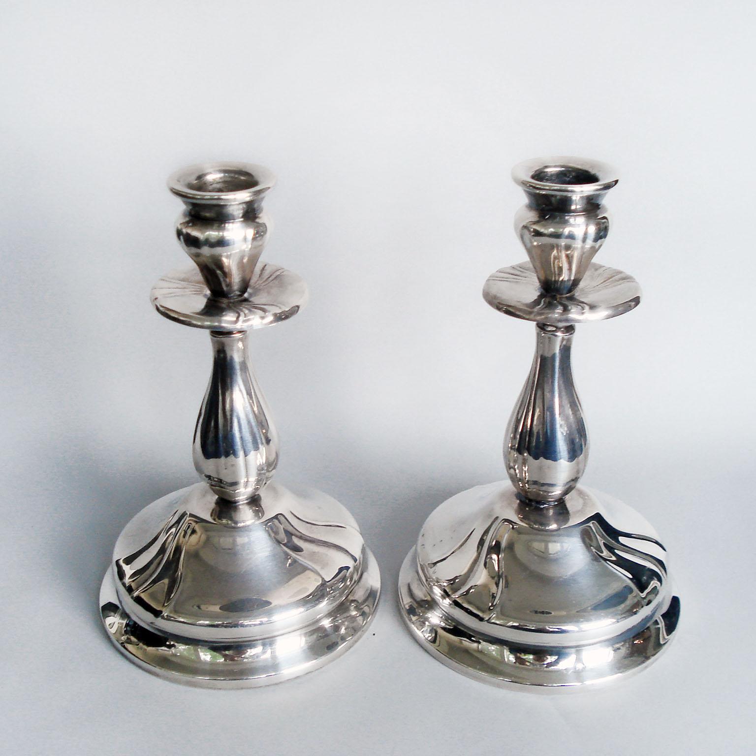 20th Century Art Nouveau Pair of Silvered Candleholders