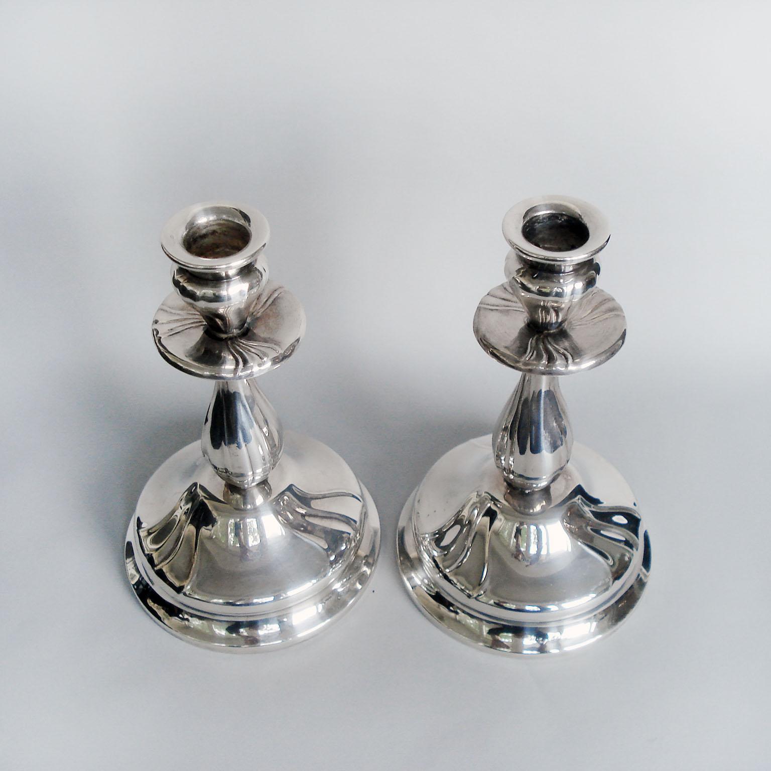 Metal Art Nouveau Pair of Silvered Candleholders