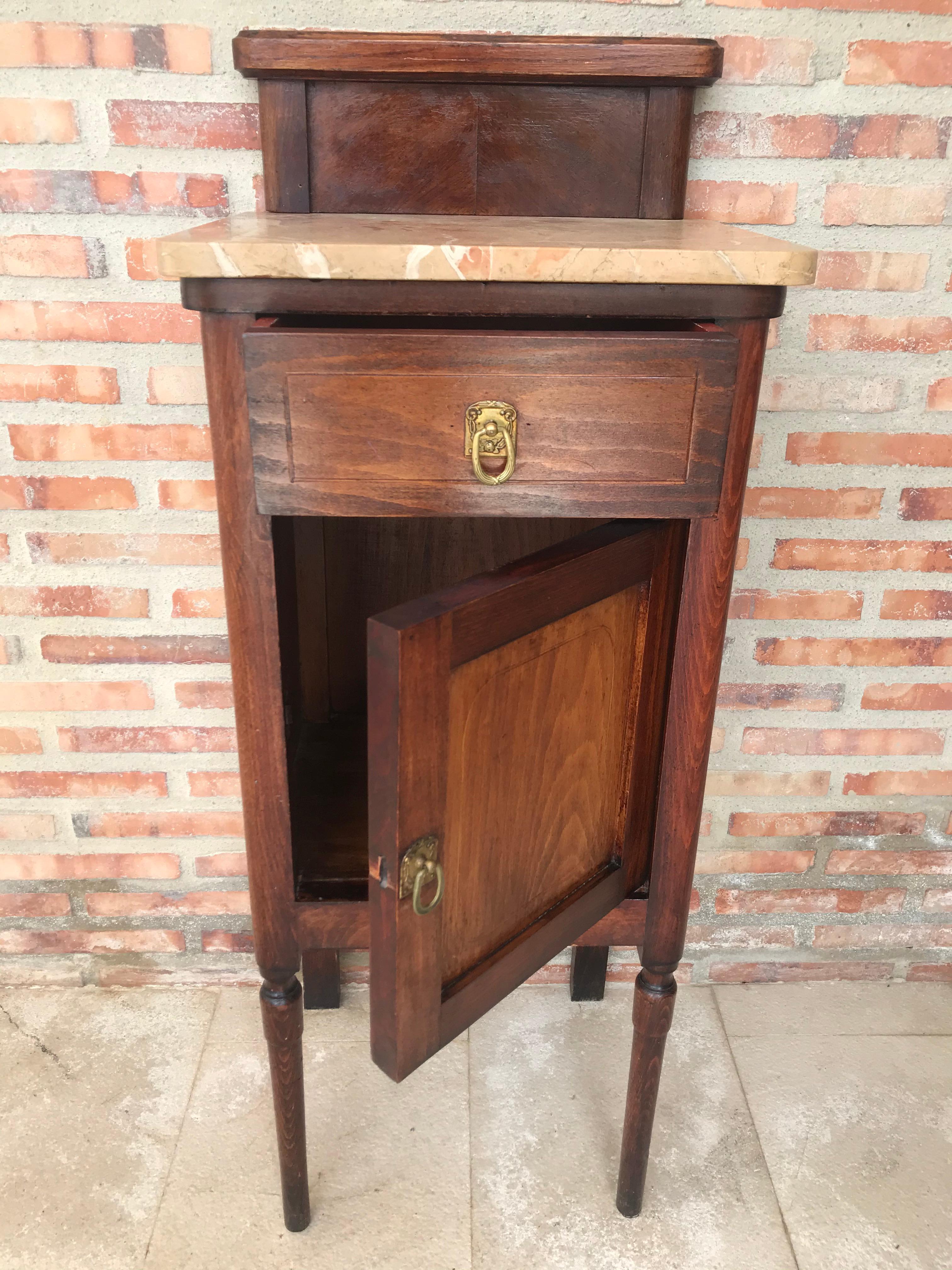 Modern Art Nouveau Walnut Nightstand with Crest, Marble Top and Glass Shelve For Sale