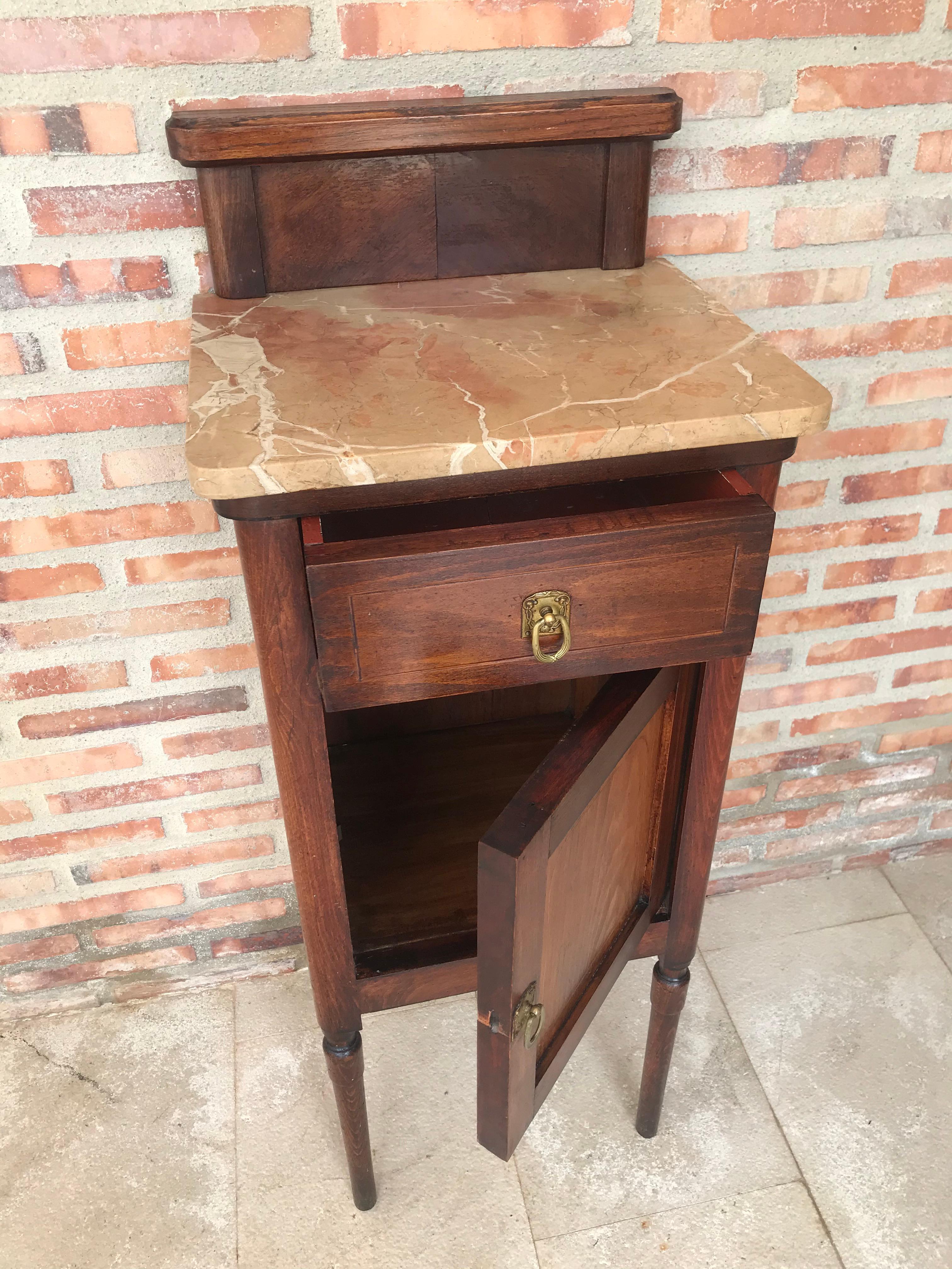 French Art Nouveau Walnut Nightstand with Crest, Marble Top and Glass Shelve For Sale