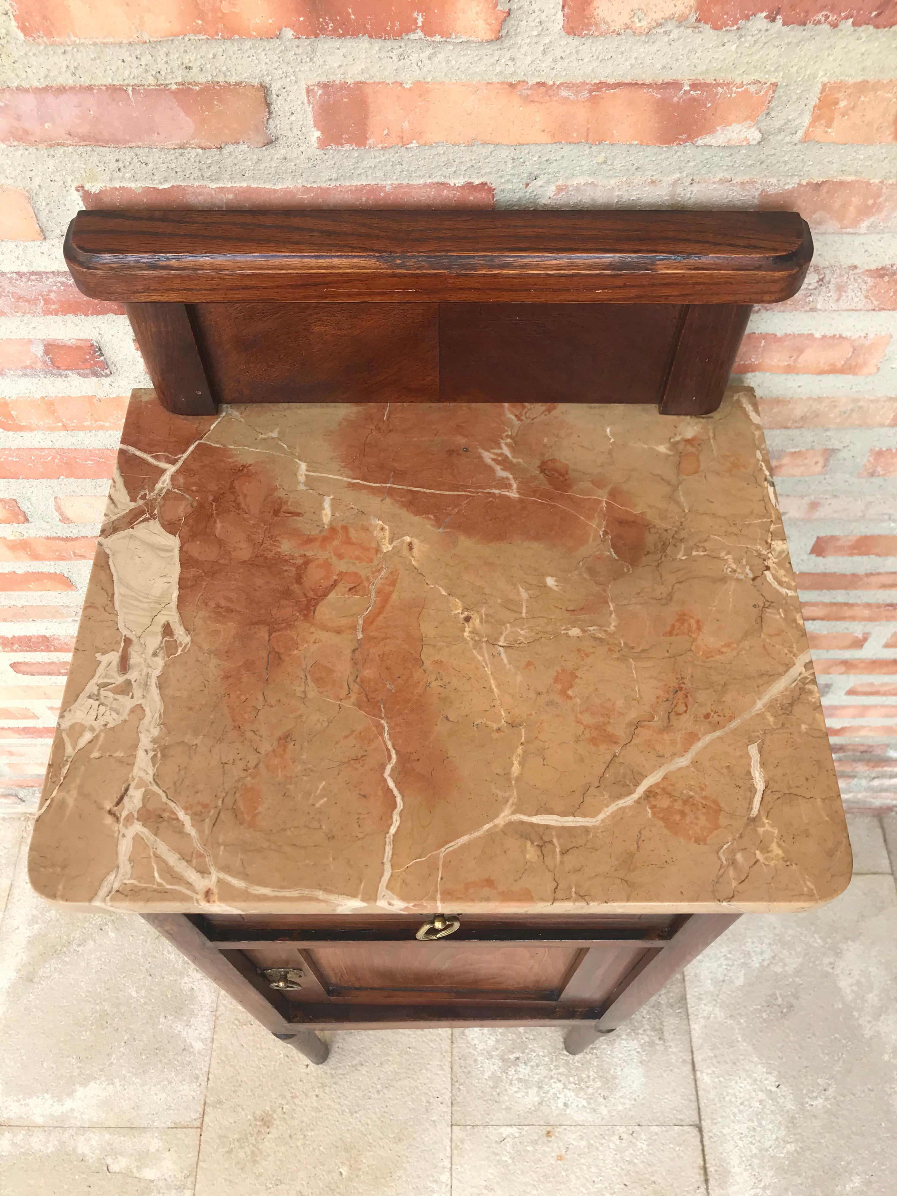 20th Century Art Nouveau Walnut Nightstand with Crest, Marble Top and Glass Shelve For Sale