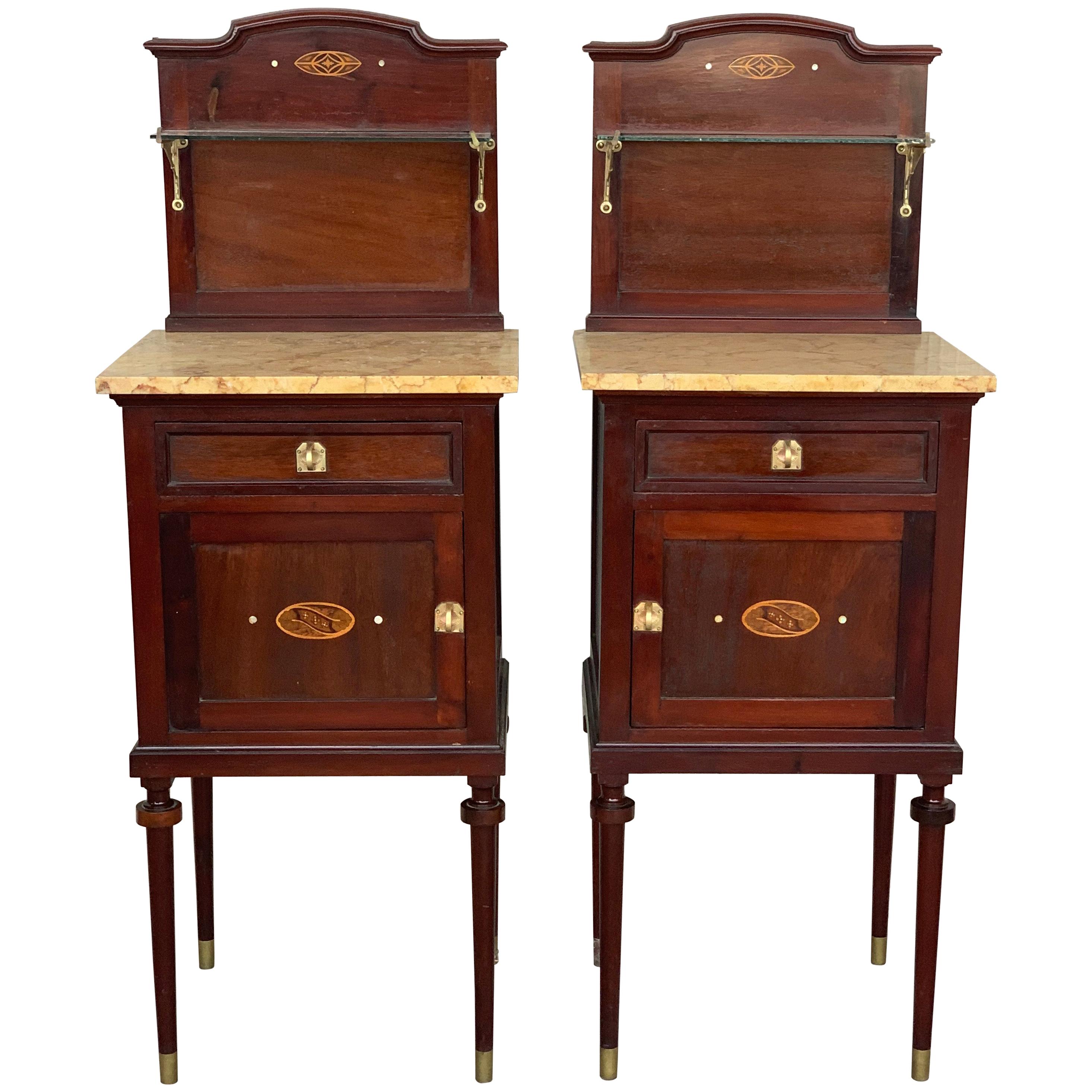 Art Nouveau Pair of Walnut Nightstands with Crest, Marble Top and Glass Shelve