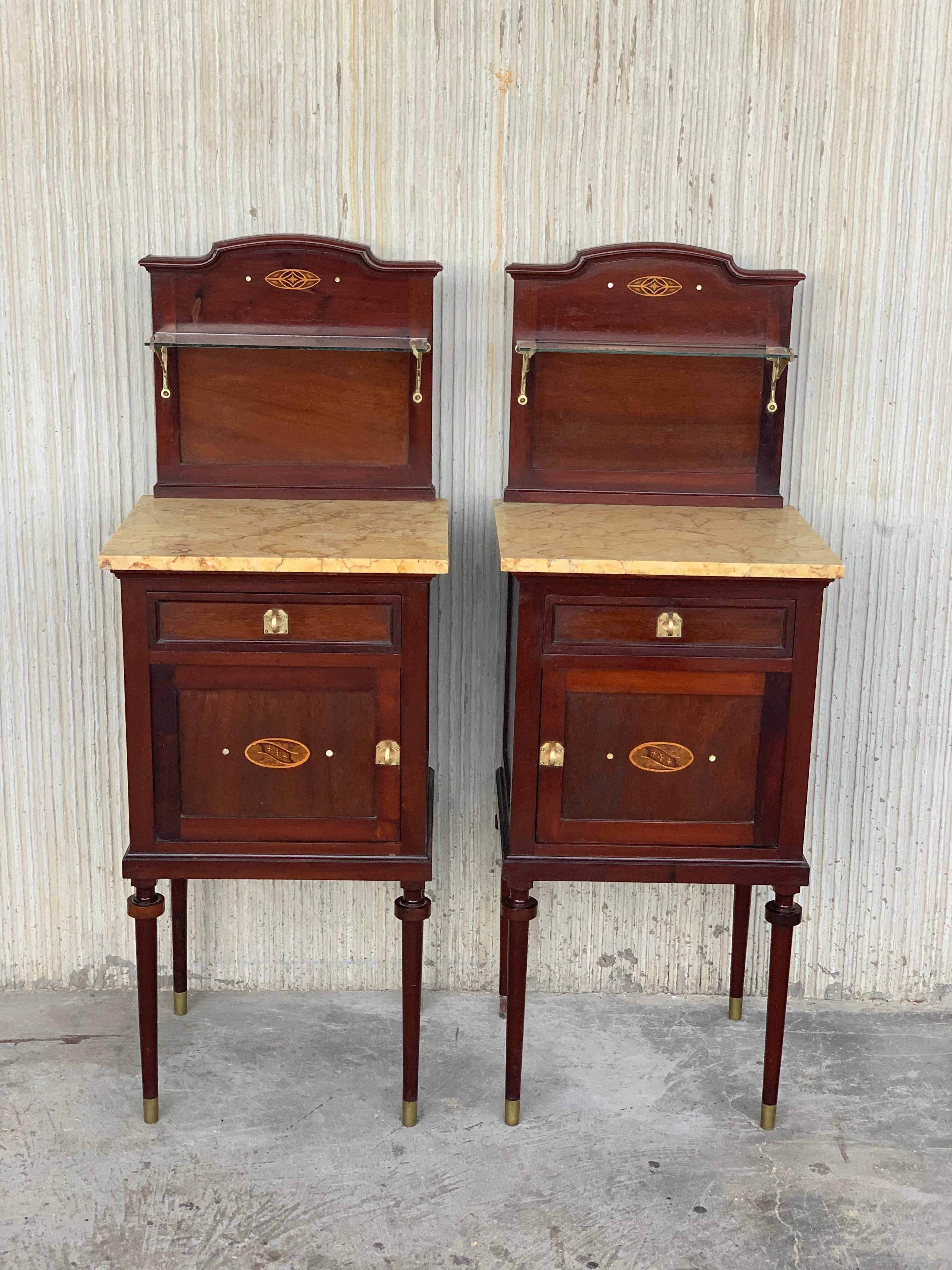 Modern Art Nouveau Pair of Walnut Nightstands with Crest, Marble Top and Glass Shelve For Sale