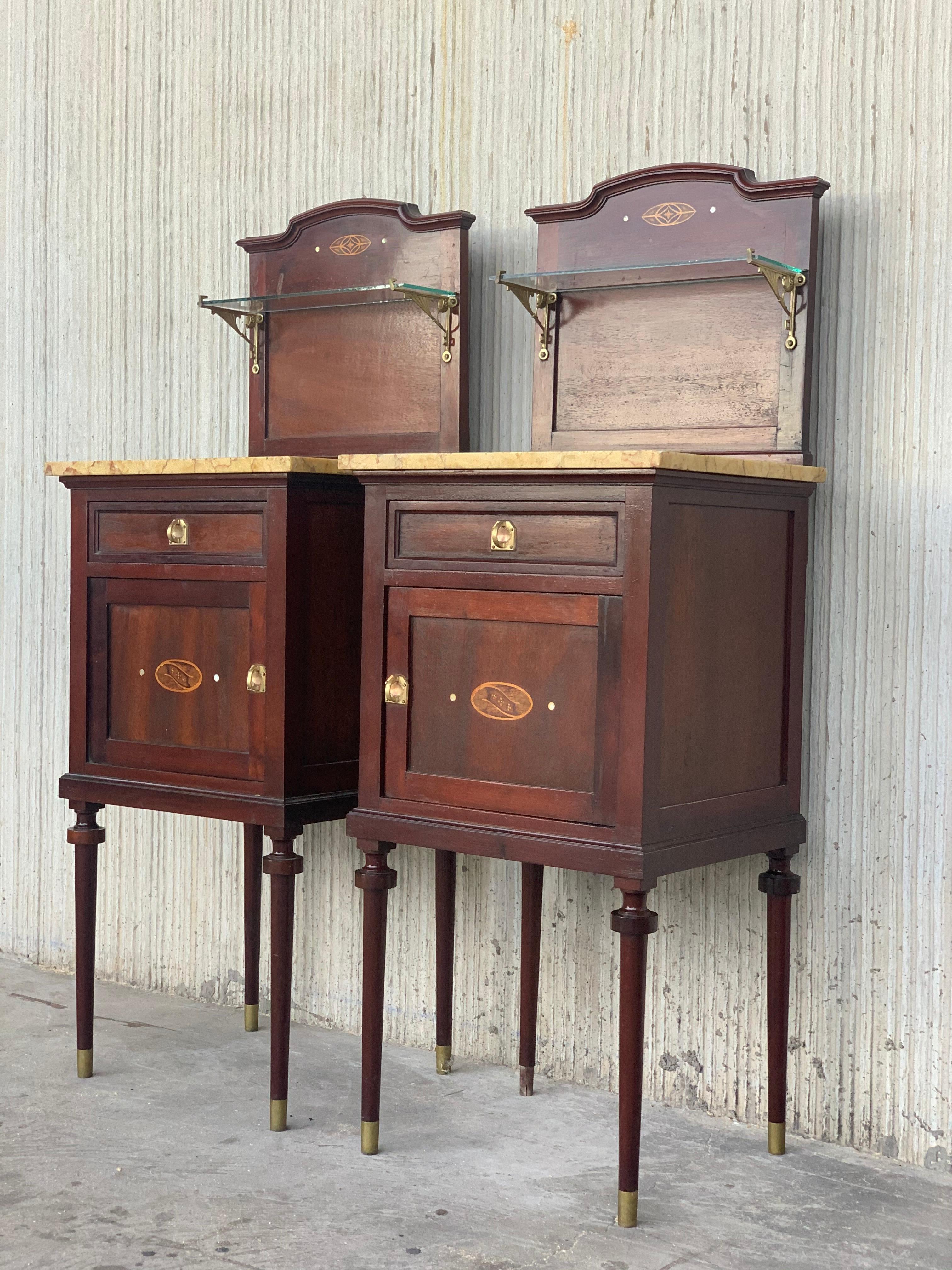 French Art Nouveau Pair of Walnut Nightstands with Crest, Marble Top and Glass Shelve For Sale
