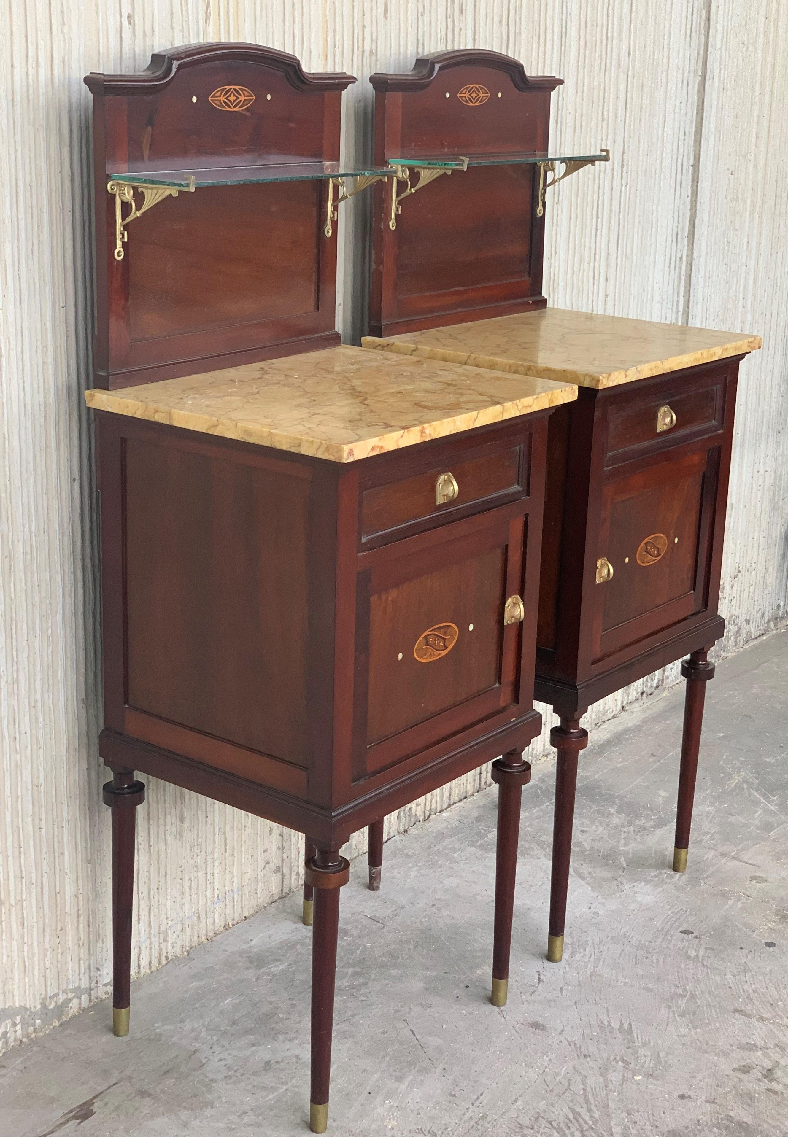 Bronze Art Nouveau Pair of Walnut Nightstands with Crest, Marble Top and Glass Shelve For Sale