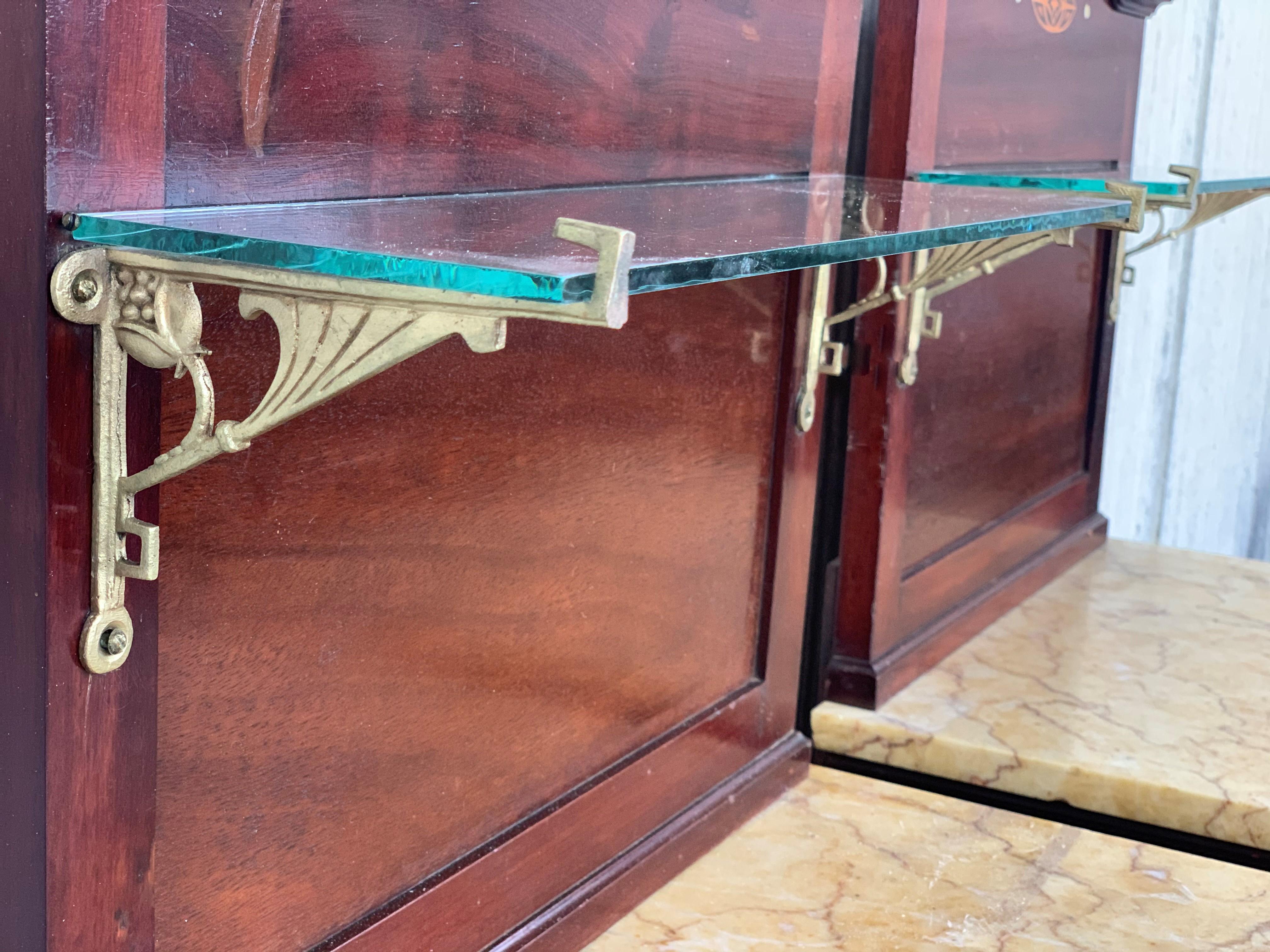 Art Nouveau Pair of Walnut Nightstands with Crest, Marble Top and Glass Shelve For Sale 3