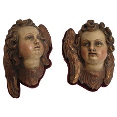 Art Nouveau Pair of Winged Putt Heads Gilded Wood