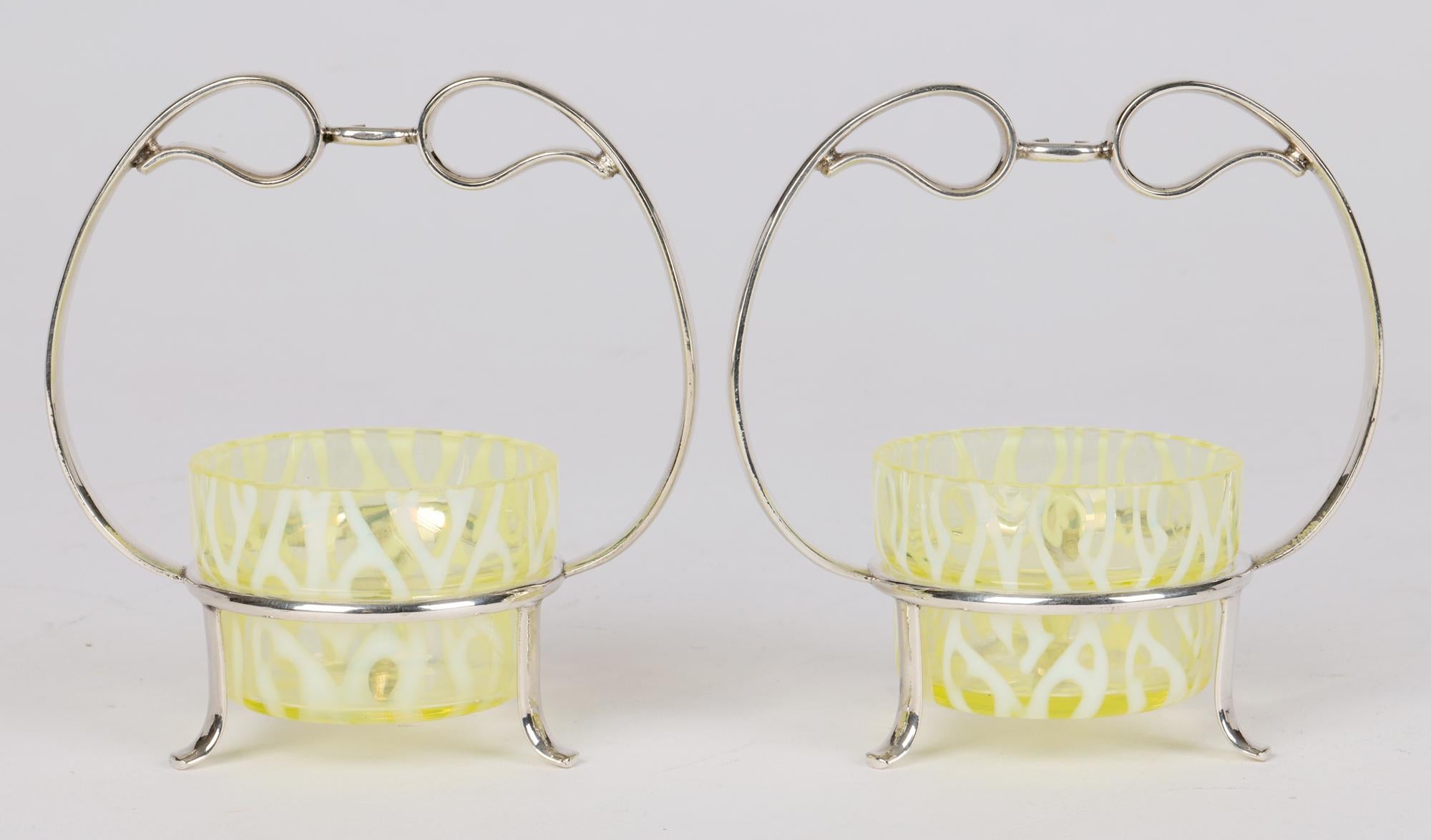 Art Nouveau Pair Silver Plated Open Salts with Powell Glass Liners 9