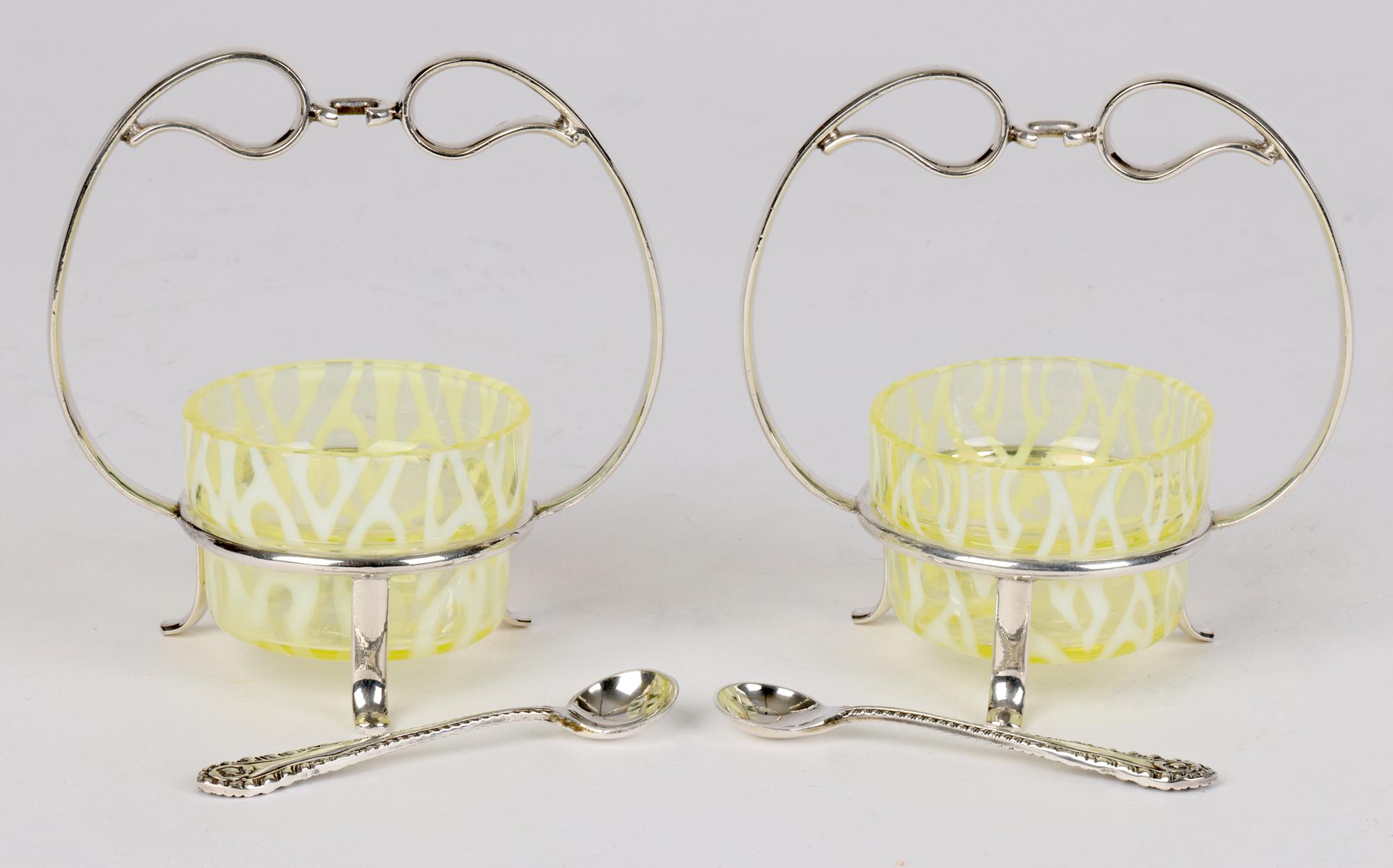 Art Nouveau Pair Silver Plated Open Salts with Powell Glass Liners 12