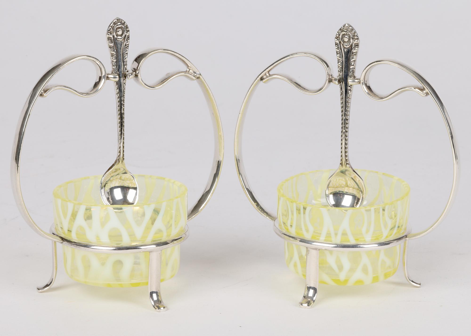Art Nouveau Pair Silver Plated Open Salts with Powell Glass Liners 3