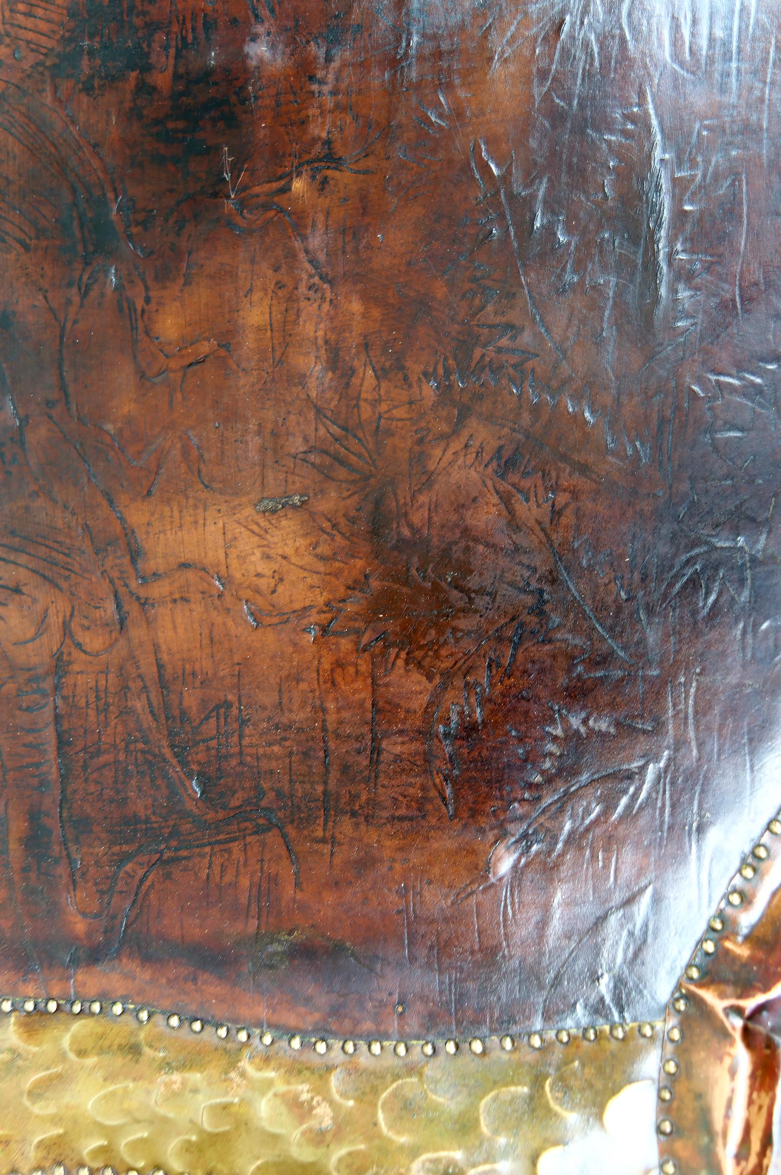 Jugendstil-Tafel, La Fontaines Fabel: Die Krähe und der Fuchs, Repoussé-Leder im Angebot 2