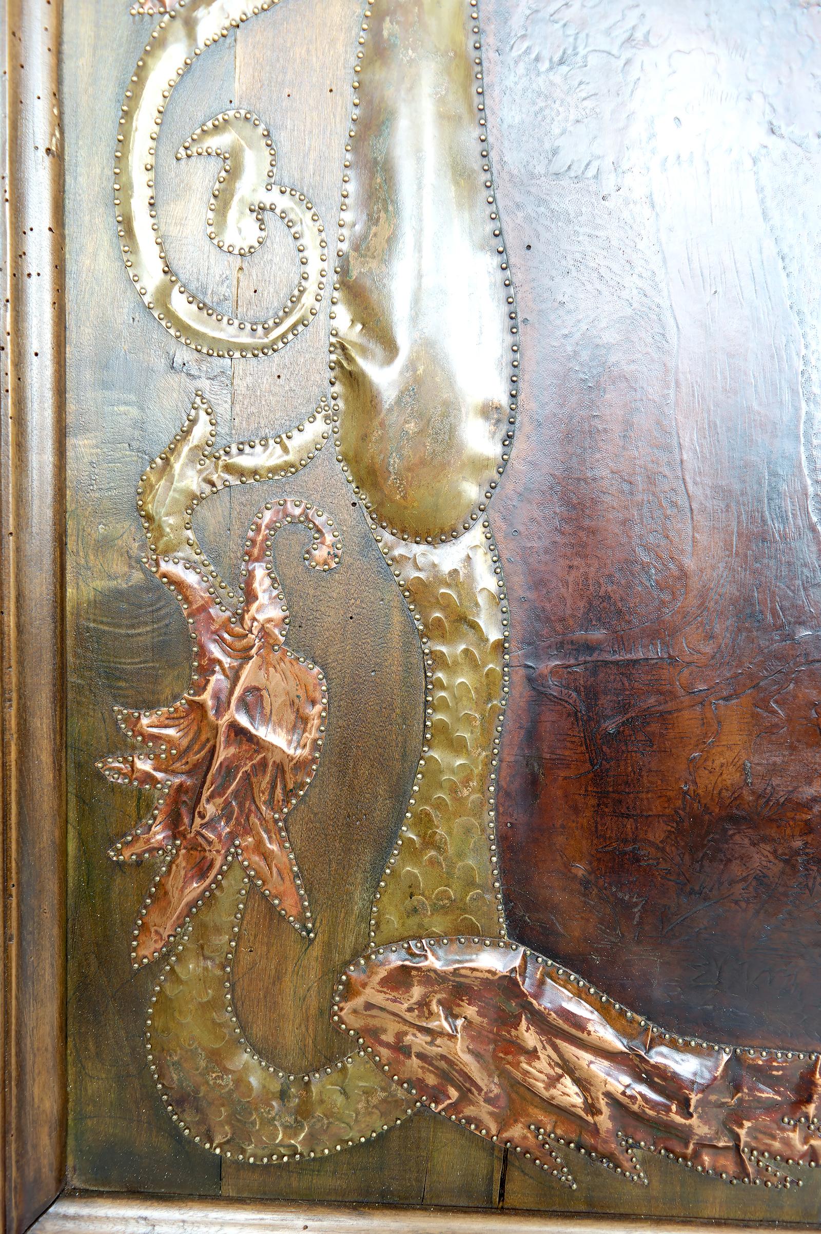 Jugendstil-Tafel, La Fontaines Fabel: Die Krähe und der Fuchs, Repoussé-Leder im Angebot 8