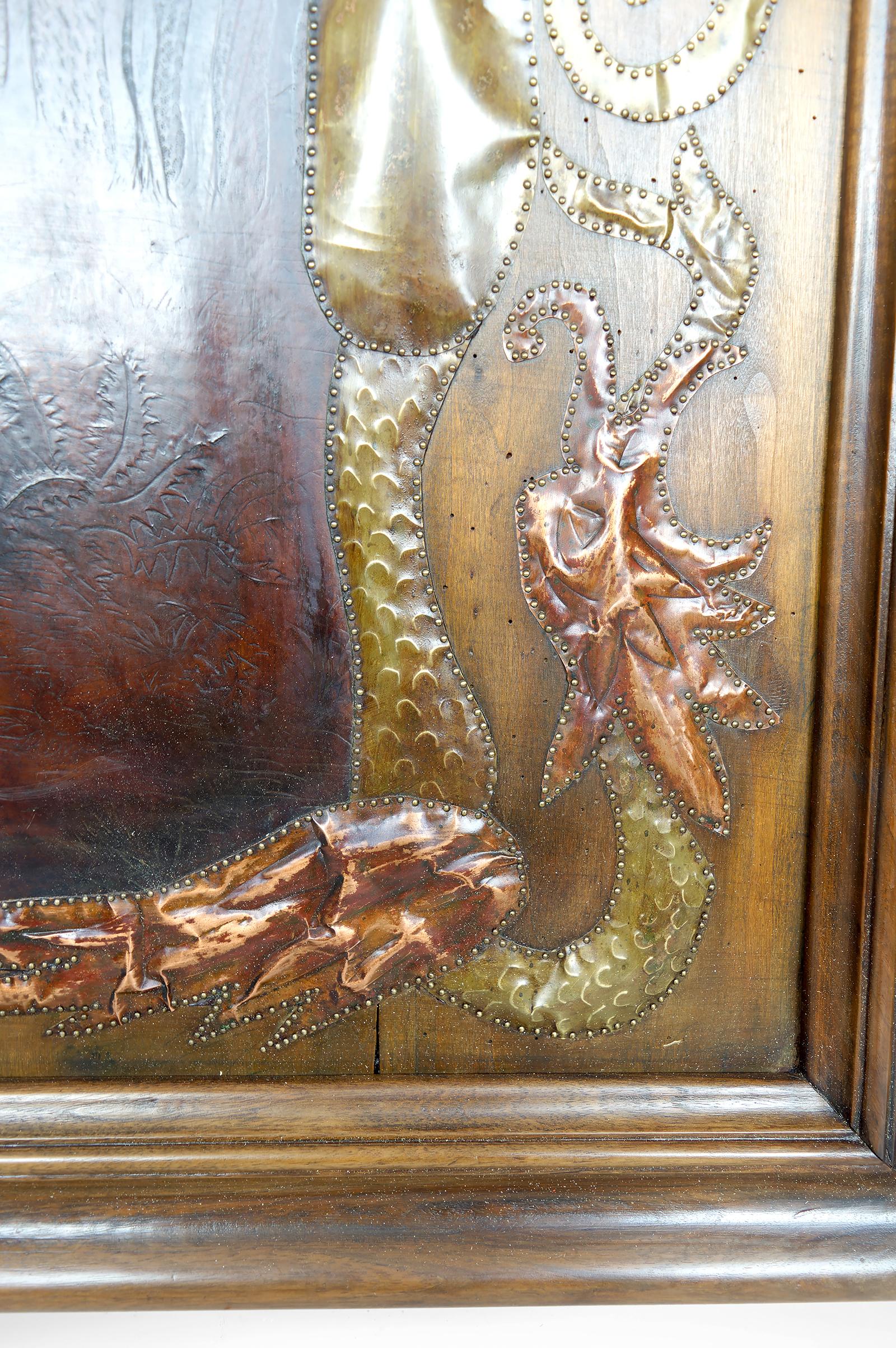 Jugendstil-Tafel, La Fontaines Fabel: Die Krähe und der Fuchs, Repoussé-Leder im Angebot 11