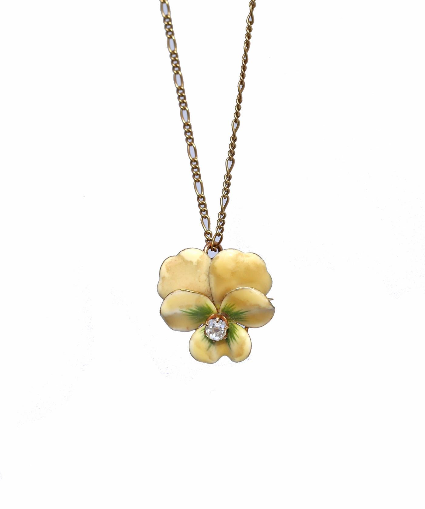 Art Nouveau Pansy Flower Diamond Enamel Brooch or a Pendant on a Chain. So delicate and so natural looking that it is an amazing work of jewelry art. The petals have colour grading from off-white to green, just like the real flower. With a Diamond