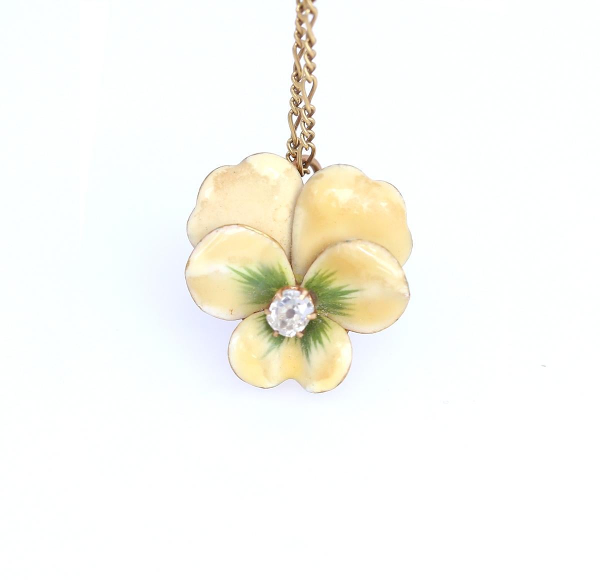 Art Nouveau Pansy Flower Diamond Enamel Brooch Pendant Chain, 1910 In Fair Condition In Herzelia, Tel Aviv