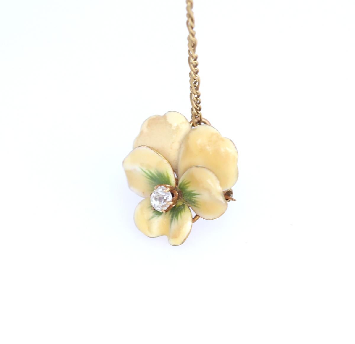 Women's Art Nouveau Pansy Flower Diamond Enamel Brooch Pendant Chain, 1910