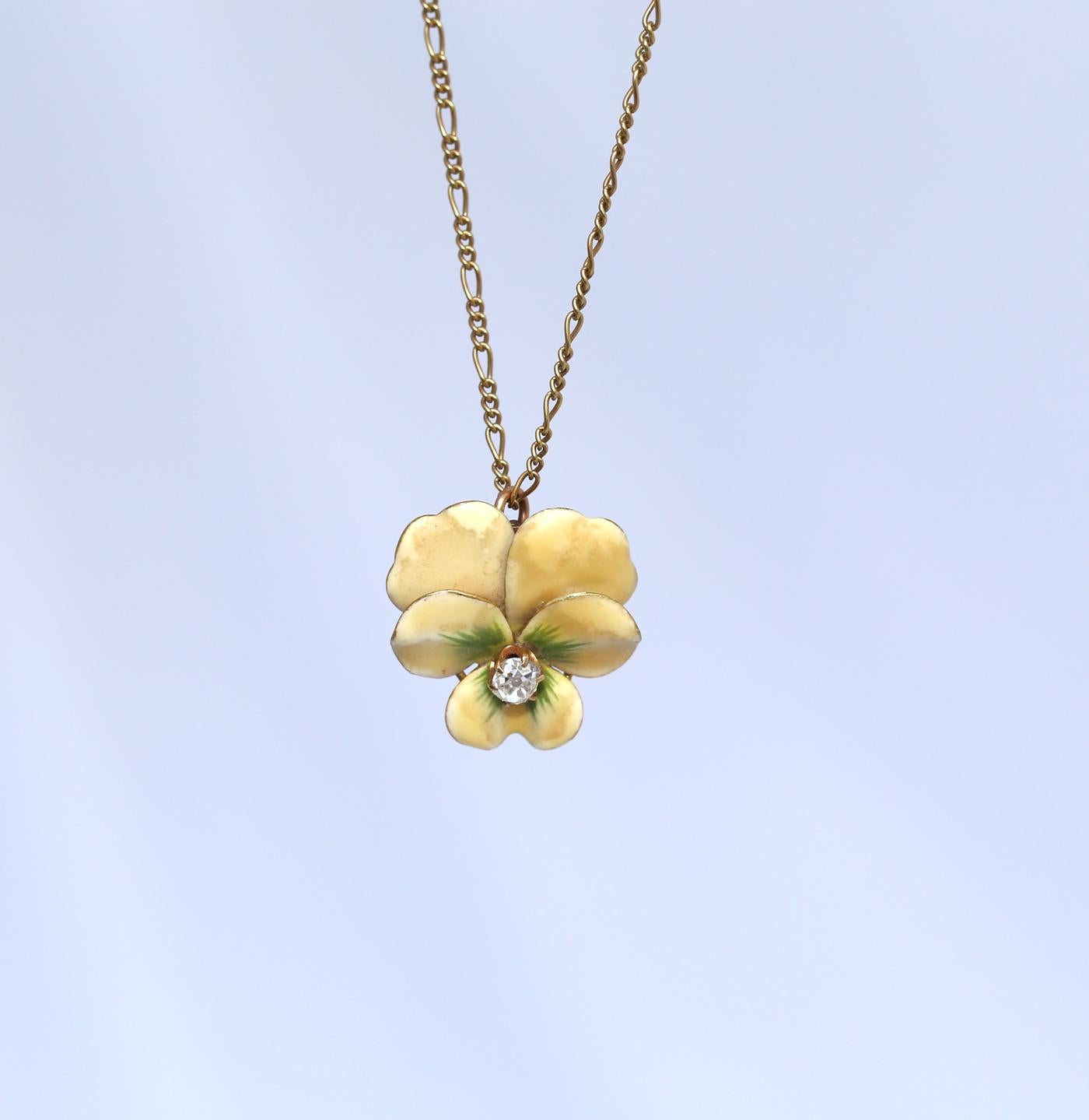 Art Nouveau Pansy Flower Diamond Enamel Brooch Pendant Chain, 1910 1