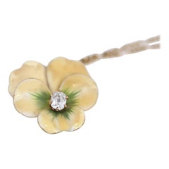 Antique Art Nouveau Pansy Flower Diamond Enamel Brooch Pendant Chain, 1910