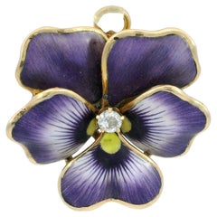 Antique Art Nouveau Pansy Flower Enamel Pendant Brooch in 14K Yellow Gold