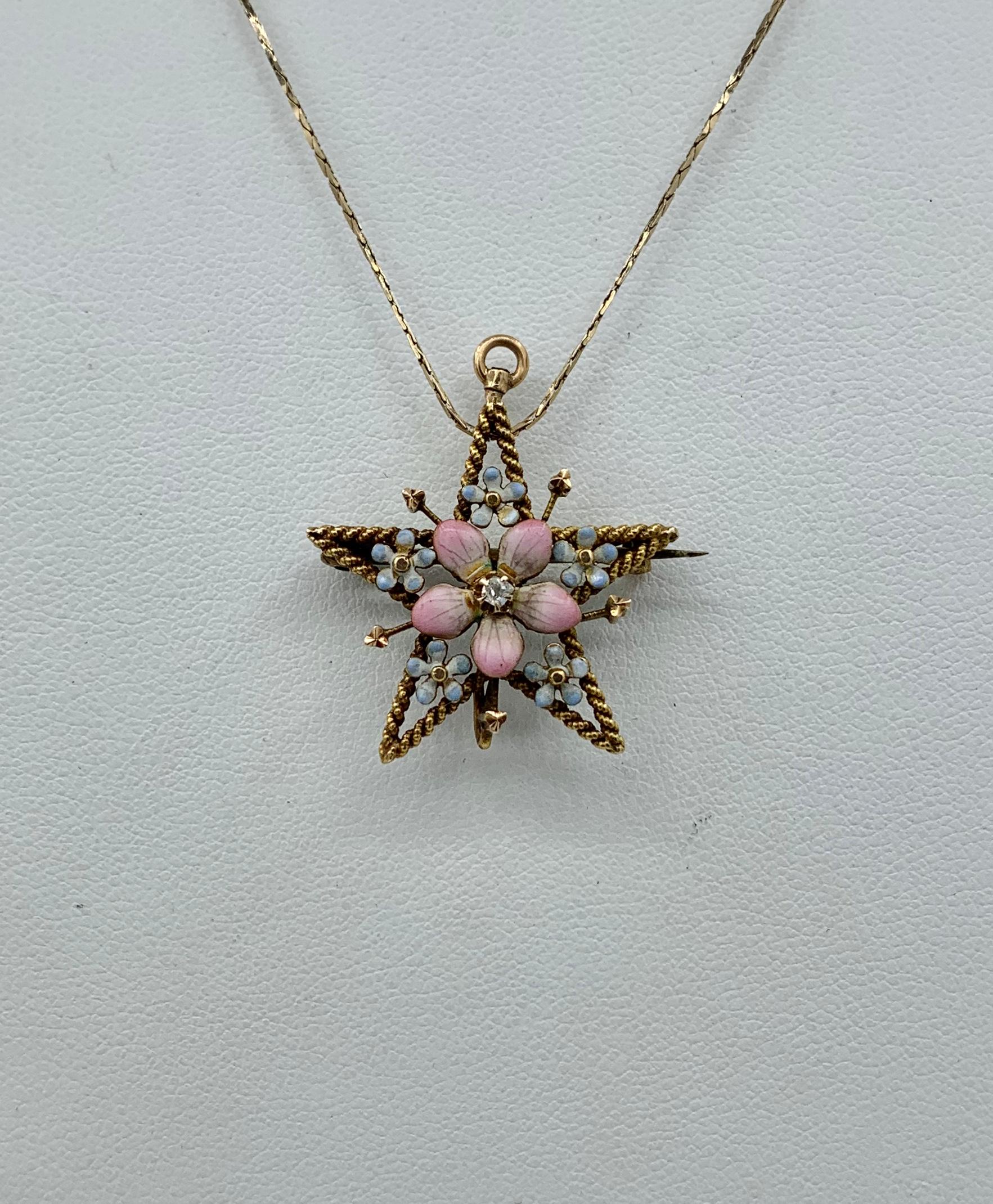 THIS IS A GORGEOUS VICTORIAN - ART NOUVEAU PENDANT WITH A BEAUTIFUL LAVENDER, CREAM AND BLUE ENAMEL FORGET-ME-NOT, OR PANSY FLOWER WITH AN OLD MINE CUT DIAMOND IN THE CENTER.  THE FLOWER IS SET IN AN ELEGANT GOLD RIBBON SURROUND WITH LOVELY ART