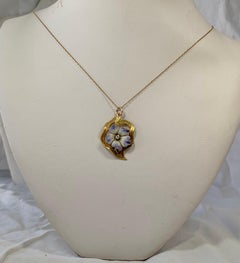 Art Nouveau Pansy Forget-Me-Not Flower OMC Diamond Enamel Pendant 14K Gold