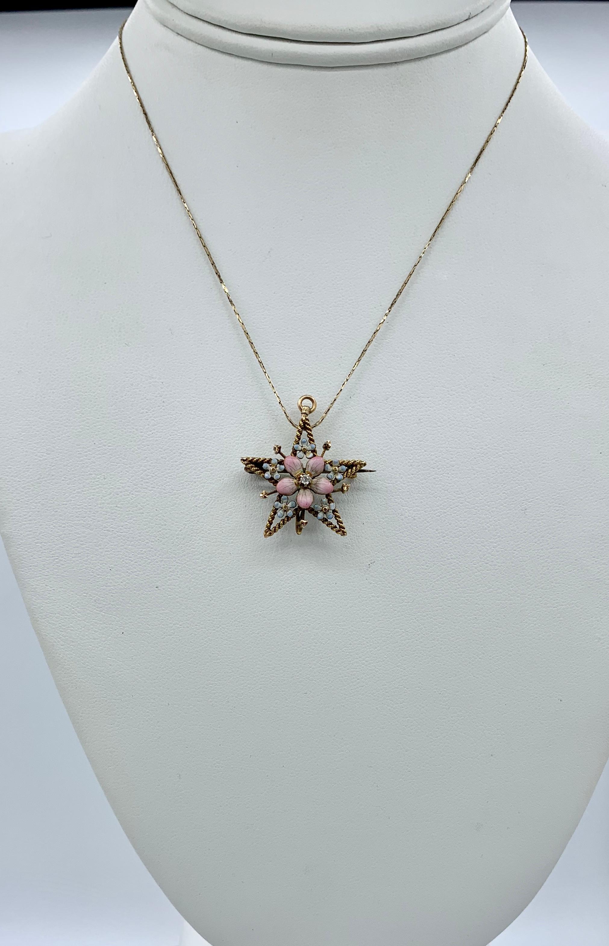 Victorian Art Nouveau Pansy Forget-Me-Not Flower OMC Diamond Enamel Pendant 14K Gold For Sale