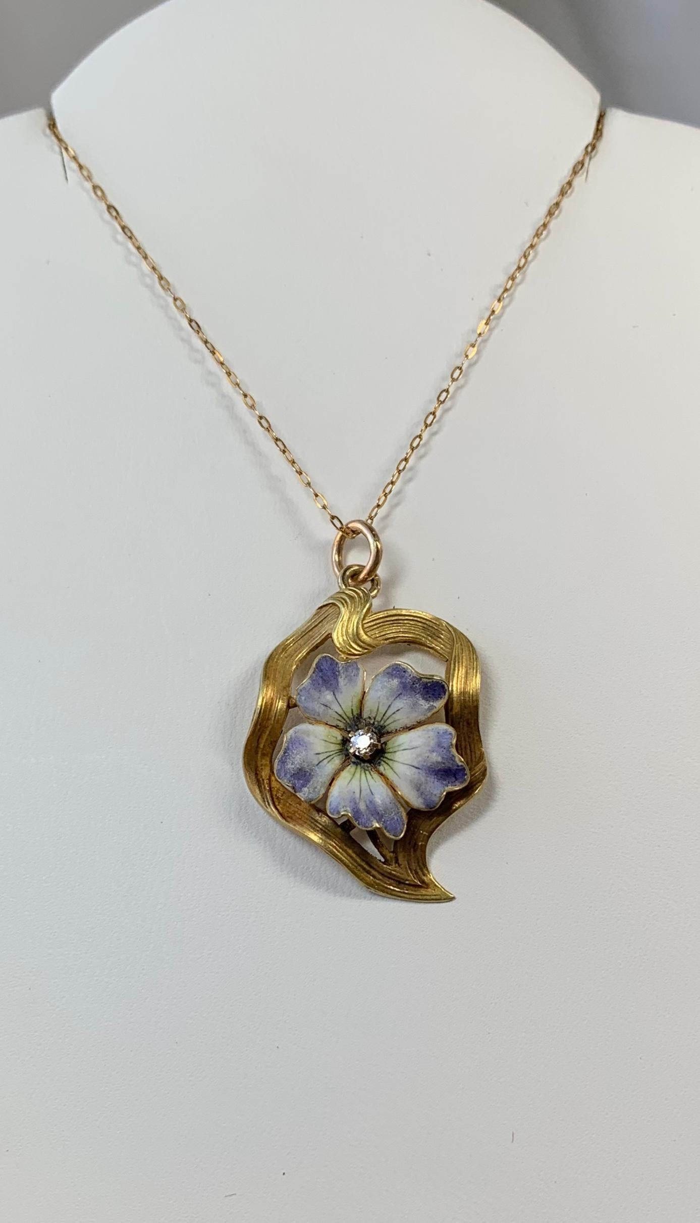 Old Mine Cut Art Nouveau Pansy Forget-Me-Not Flower OMC Diamond Enamel Pendant 14K Gold For Sale