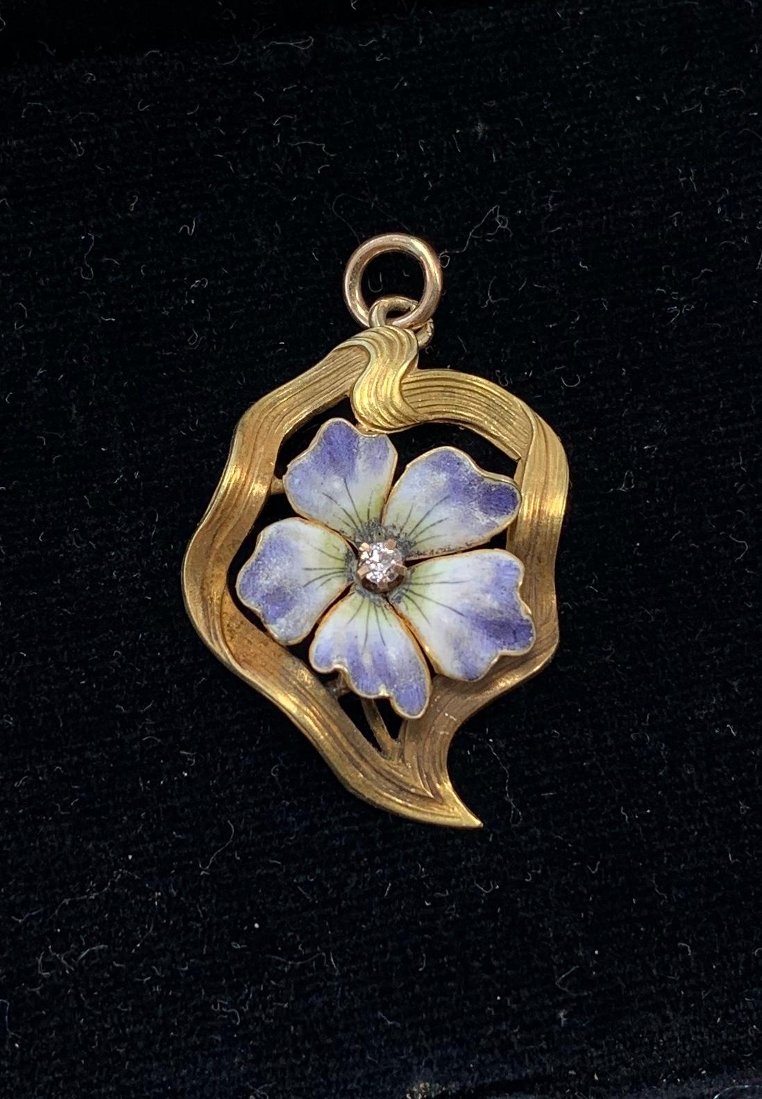 Women's Art Nouveau Pansy Forget-Me-Not Flower OMC Diamond Enamel Pendant 14K Gold For Sale