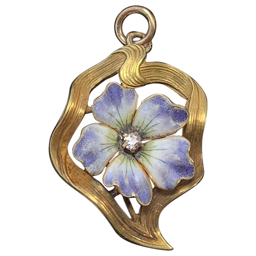 Jugendstil Pansy Forget-Me-Not Blume OMC Diamant-Emaille-Anhänger 14K Gold im Angebot