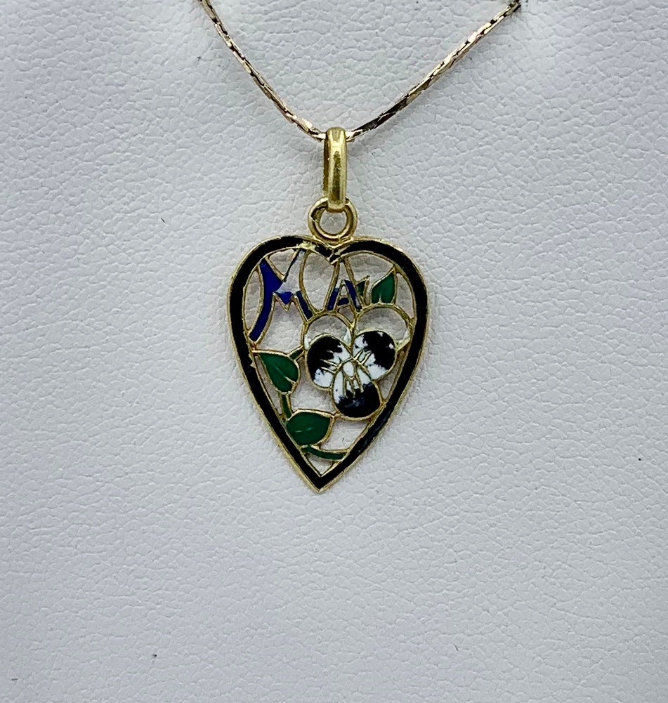 THIS IS A LOVELY ART NOUVEAU PENDANT NECKLACE WITH A BEAUTIFUL LAVENDER, CREAM, GREEN AND BLUE PLIQUE-A-JOUR ENAMEL PANSY FLOWER AND LEAVES IN THE CENTER OF A HEART.   THE FLOWERS AND LEAVES ARE BEAUTIFULLY RENDERED WITH GREAT DETAIL IN THE ENAMEL