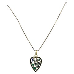 Art Nouveau Pansy Heart Plique-a-jour Enamel Flower Pendant 14 Karat Gold