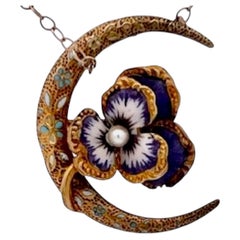 Art Nouveau Pansy with Crescent Moon and Pearl 14K Yellow Gold