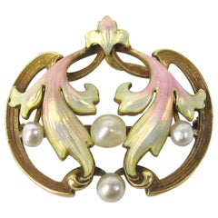 Antique Art Nouveau Pastel Enameled Pearl Gold Brooch Pendant