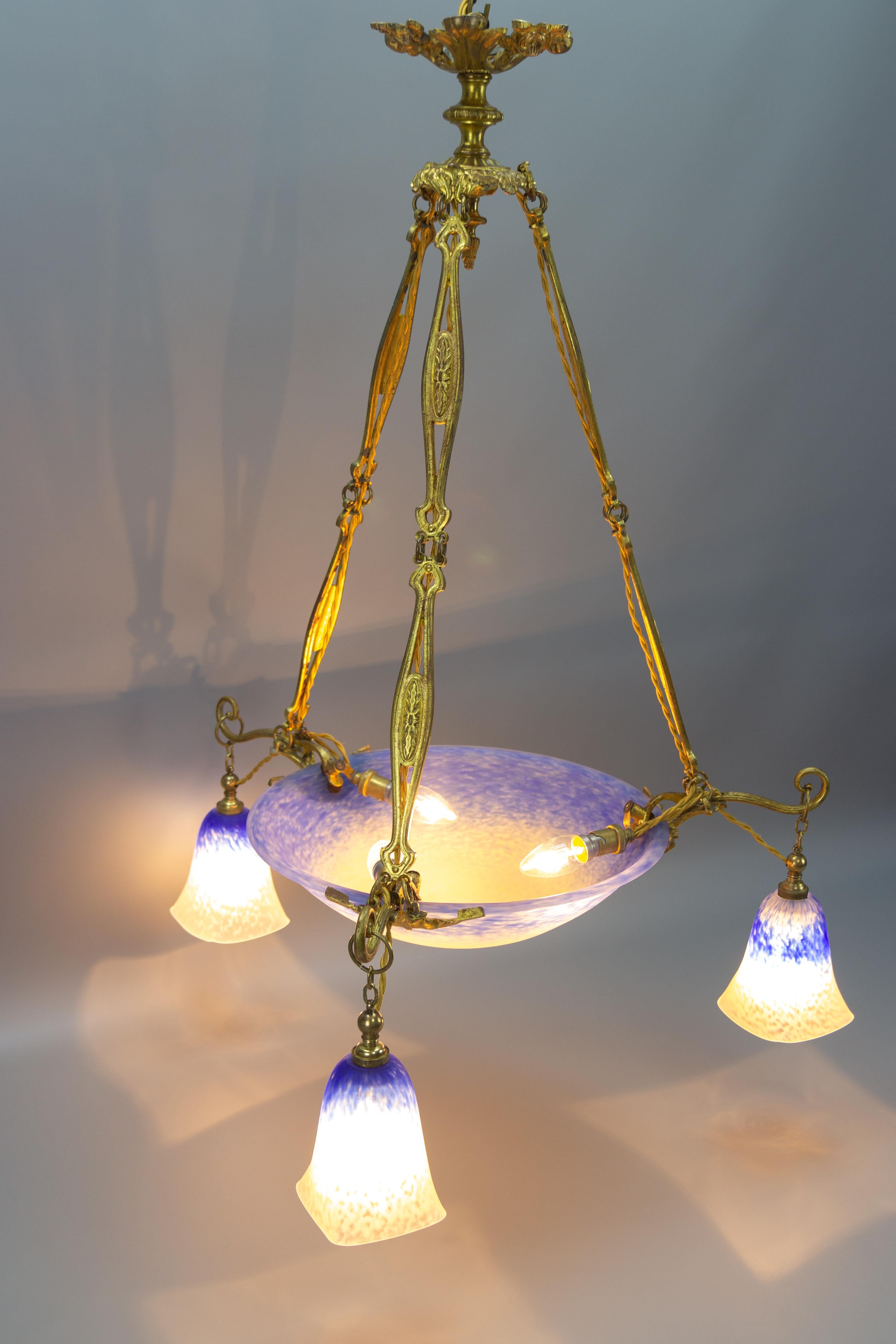 Art Nouveau Pate de Verre Glass Six-Light Chandelier by Charles Schneider, 1920s In Good Condition In Barntrup, DE