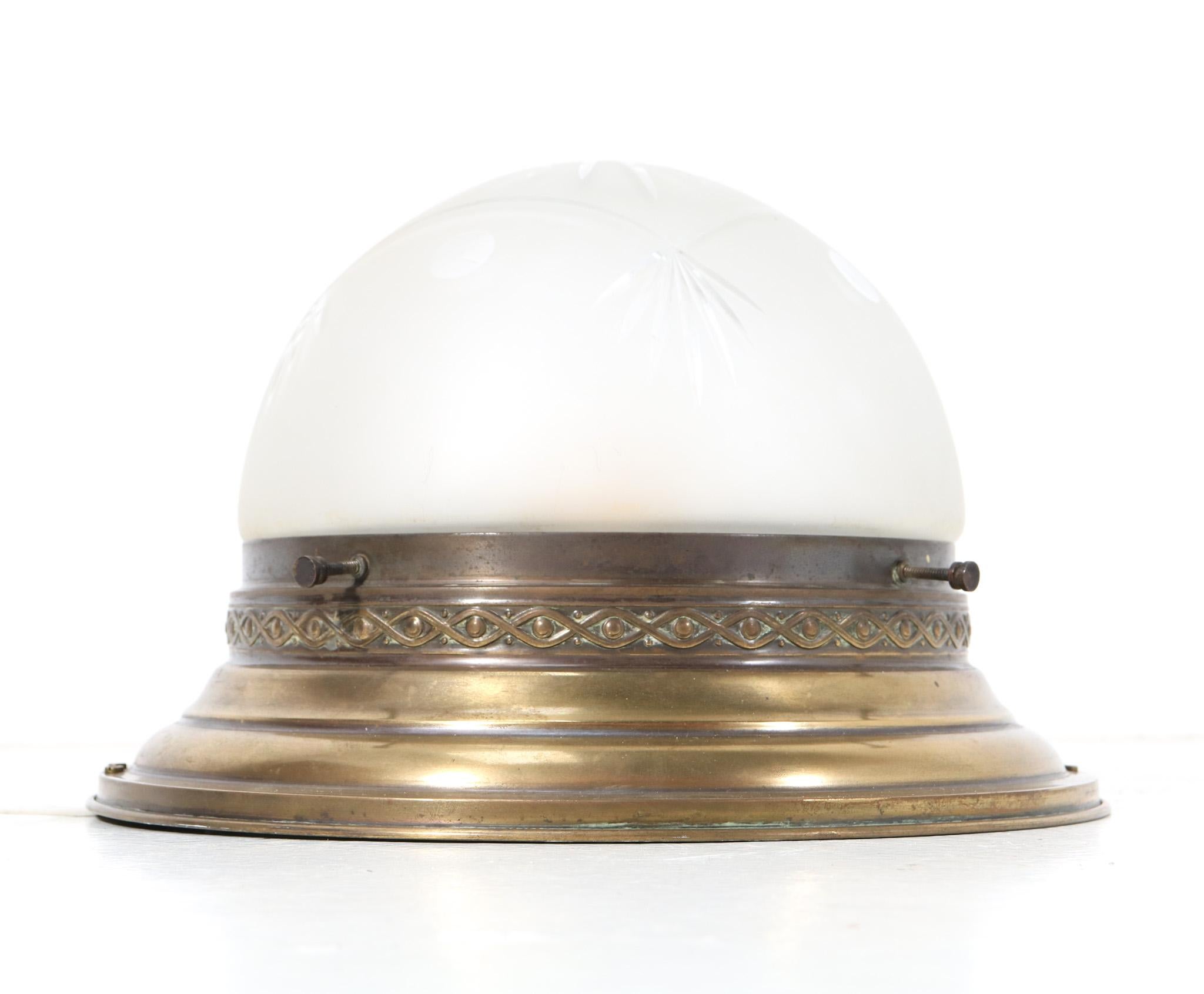 French Art Nouveau Patinated Brass Cut Blown Glass Flush Mount Ceiling Light, 1900s For Sale