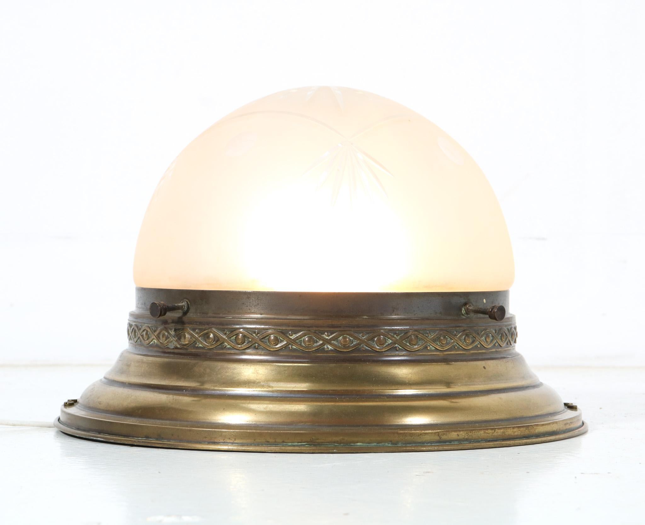Art Nouveau Patinated Brass Cut Blown Glass Flush Mount Ceiling Light, 1900s In Good Condition For Sale In Amsterdam, NL