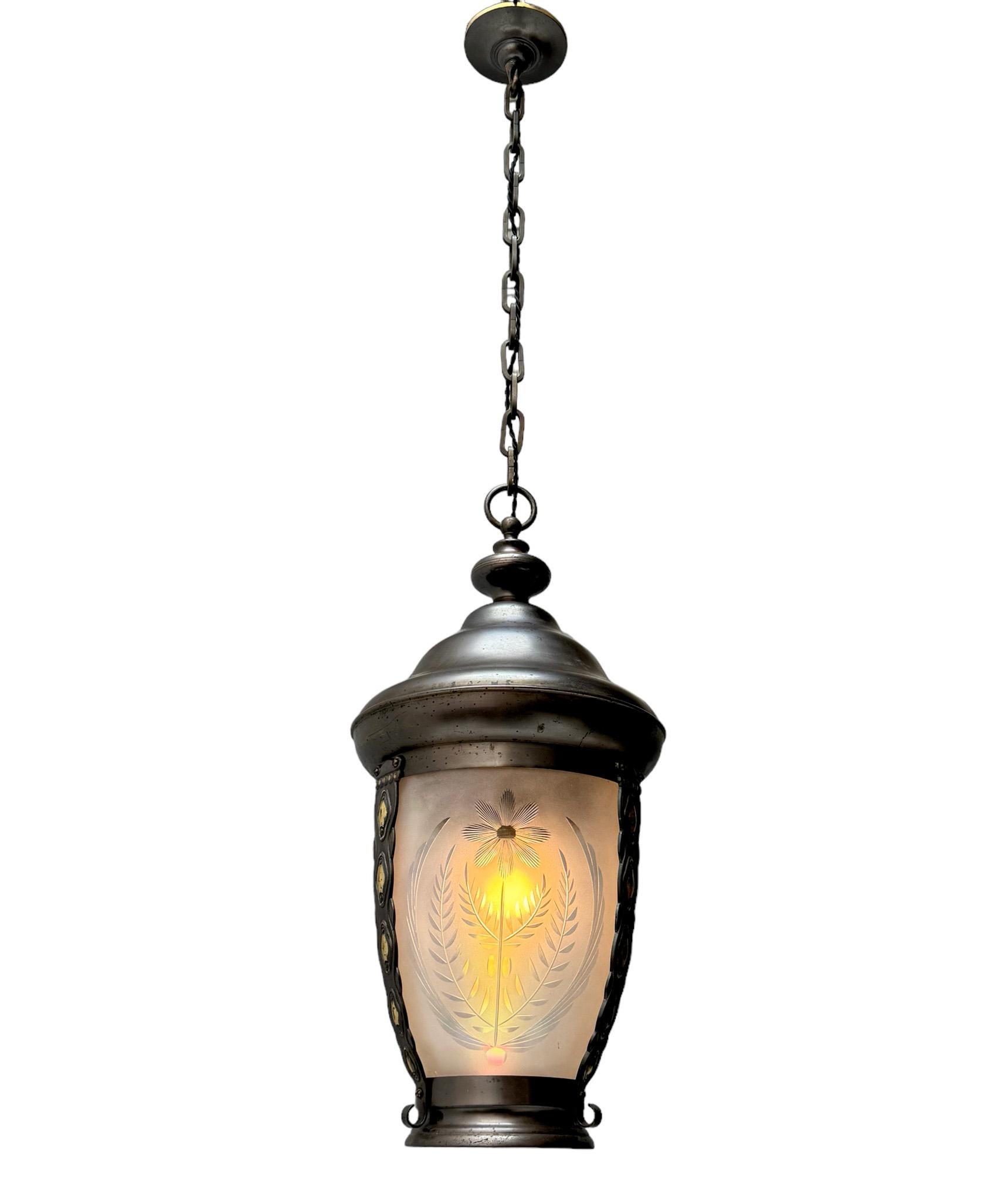 Dutch Art Nouveau Patinated Brass Hall Lantern, 1900s For Sale