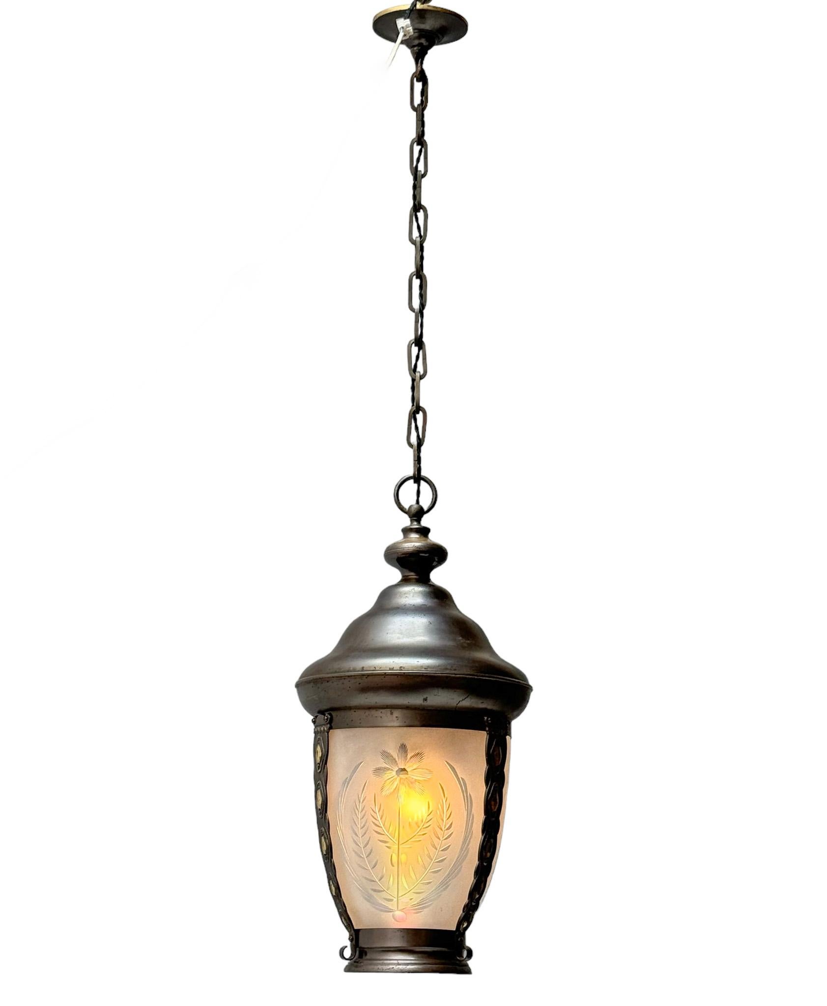 Etched Art Nouveau Patinated Brass Hall Lantern, 1900s For Sale