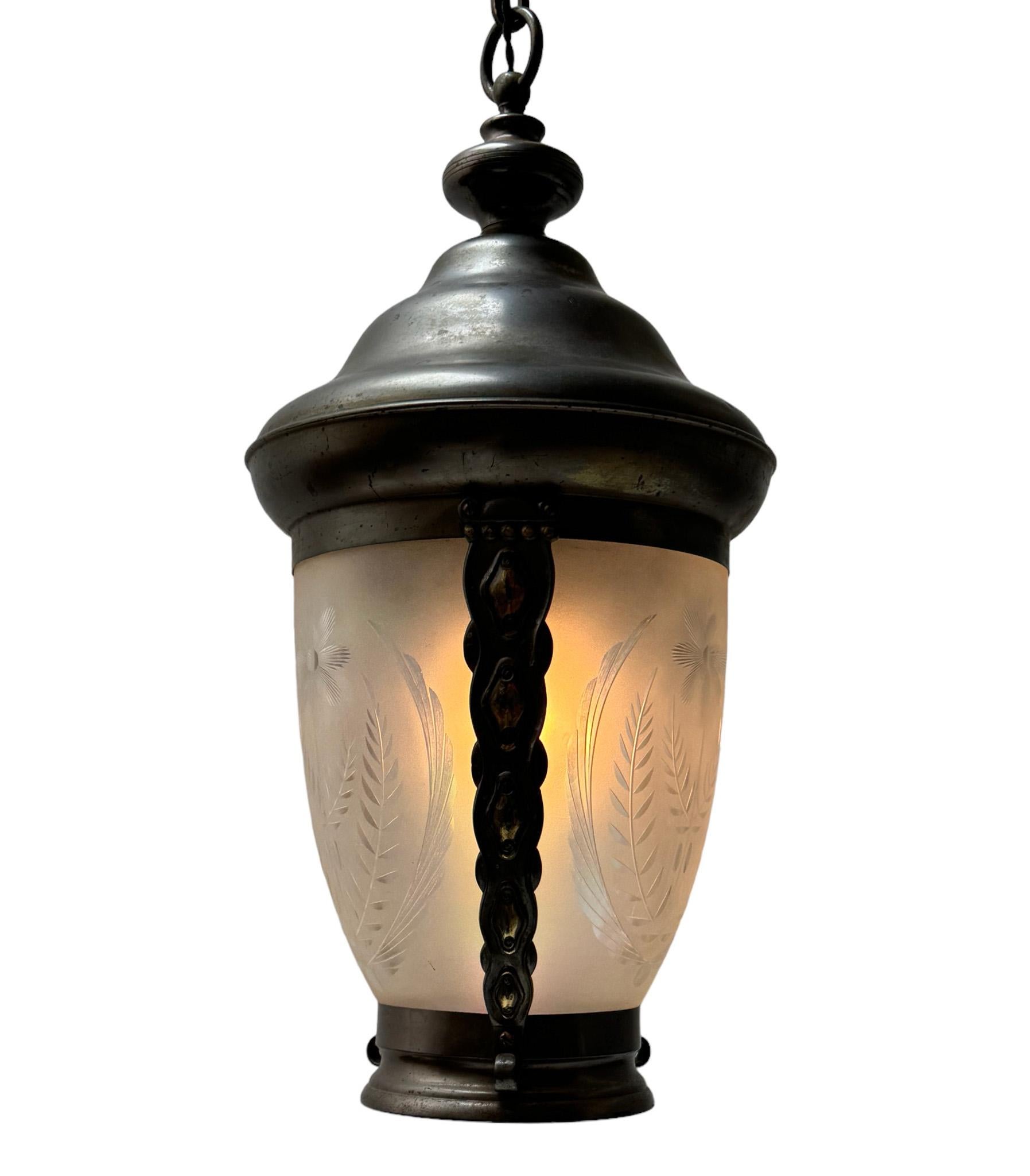 Early 20th Century Art Nouveau Patinated Brass Hall Lantern, 1900s For Sale