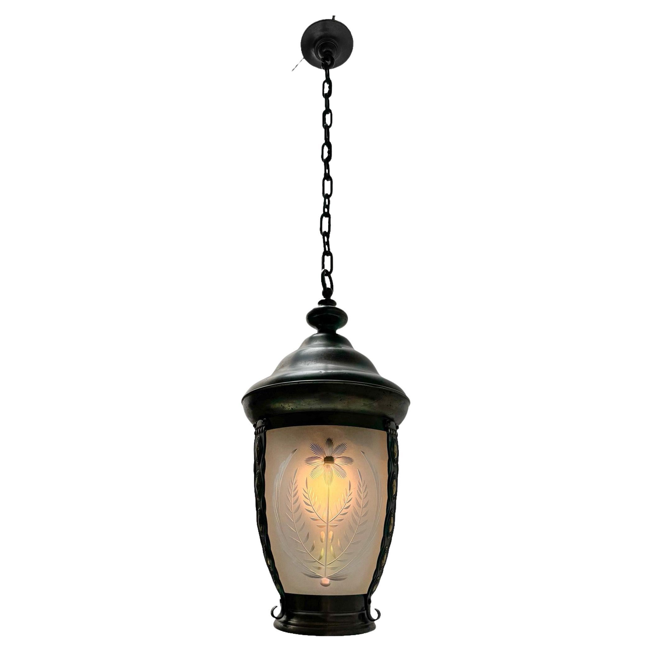 Art Nouveau Patinated Brass Hall Lantern, 1900s