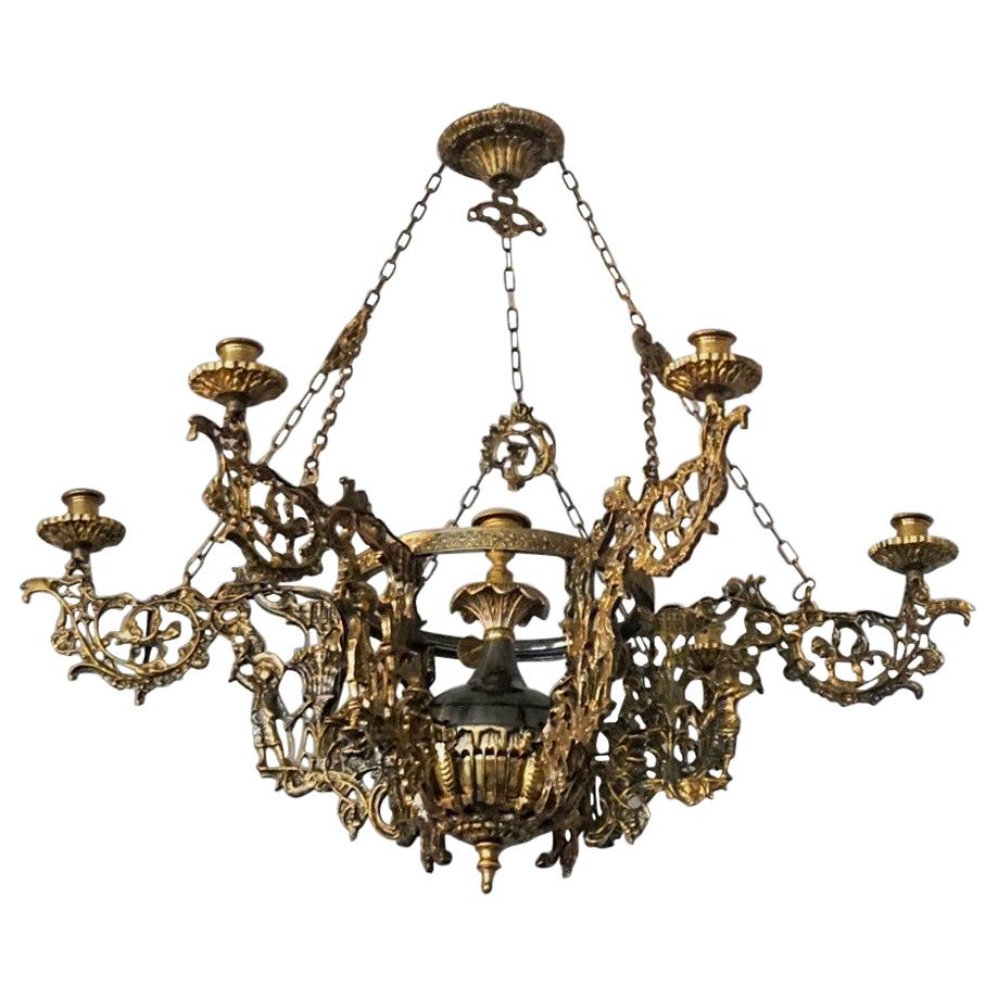 Art Nouveau Patinated Bronze and Brass Candle Chandelier, Seven Candleholders