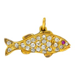 Art Nouveau Pave Diamond Ruby 14 Karat Gold Fish Charm