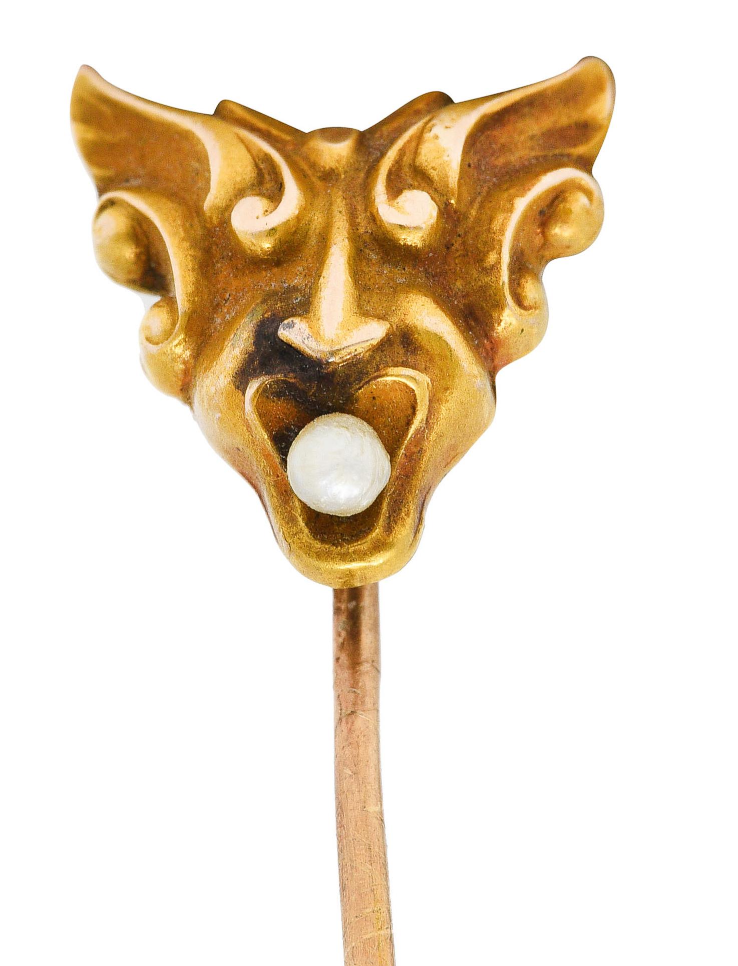 Épingle à cravate Hermès Art Nouveau en or 14 carats et perles Excellent état - En vente à Philadelphia, PA