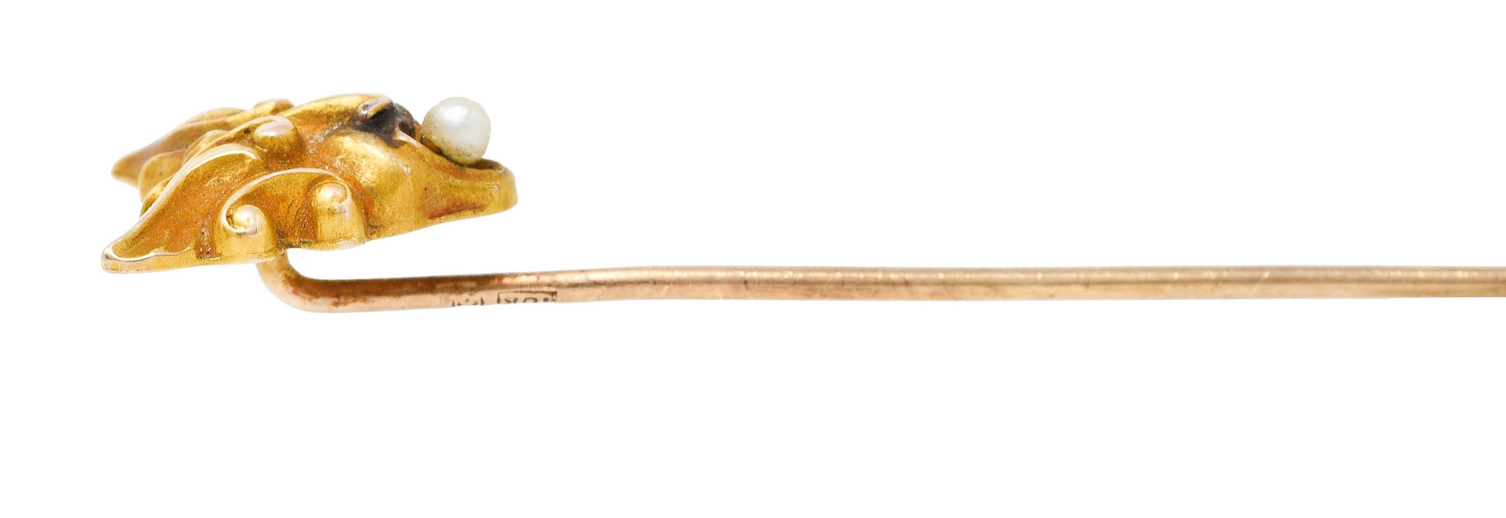 Art Nouveau Pearl 14 Karat Gold Hermes Stickpin In Excellent Condition For Sale In Philadelphia, PA