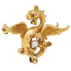 Art Nouveau Pearl 14 Karat Yellow Gold Antique Dragon Brooch