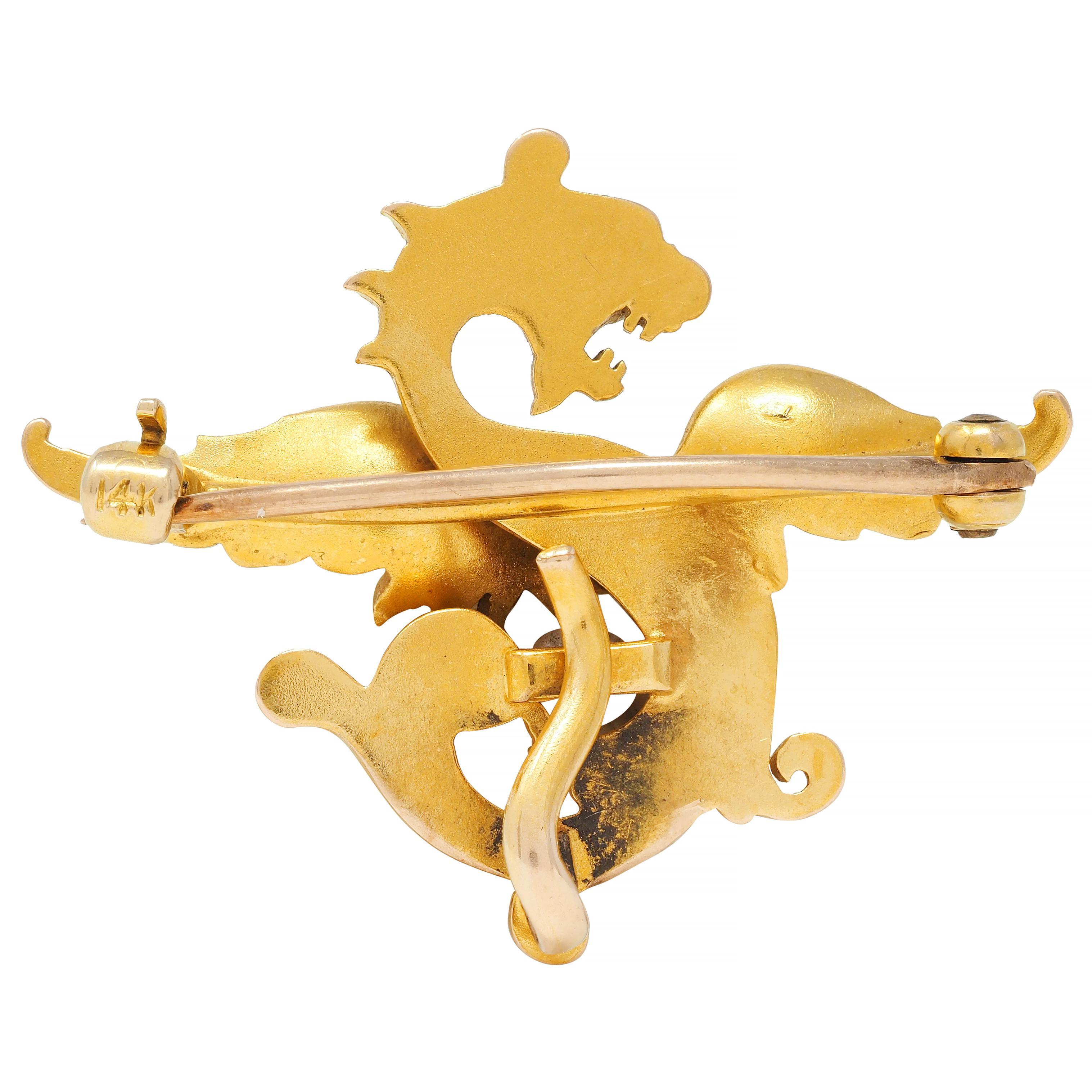 Round Cut Art Nouveau Pearl 14 Karat Yellow Gold Antique Dragon Brooch For Sale