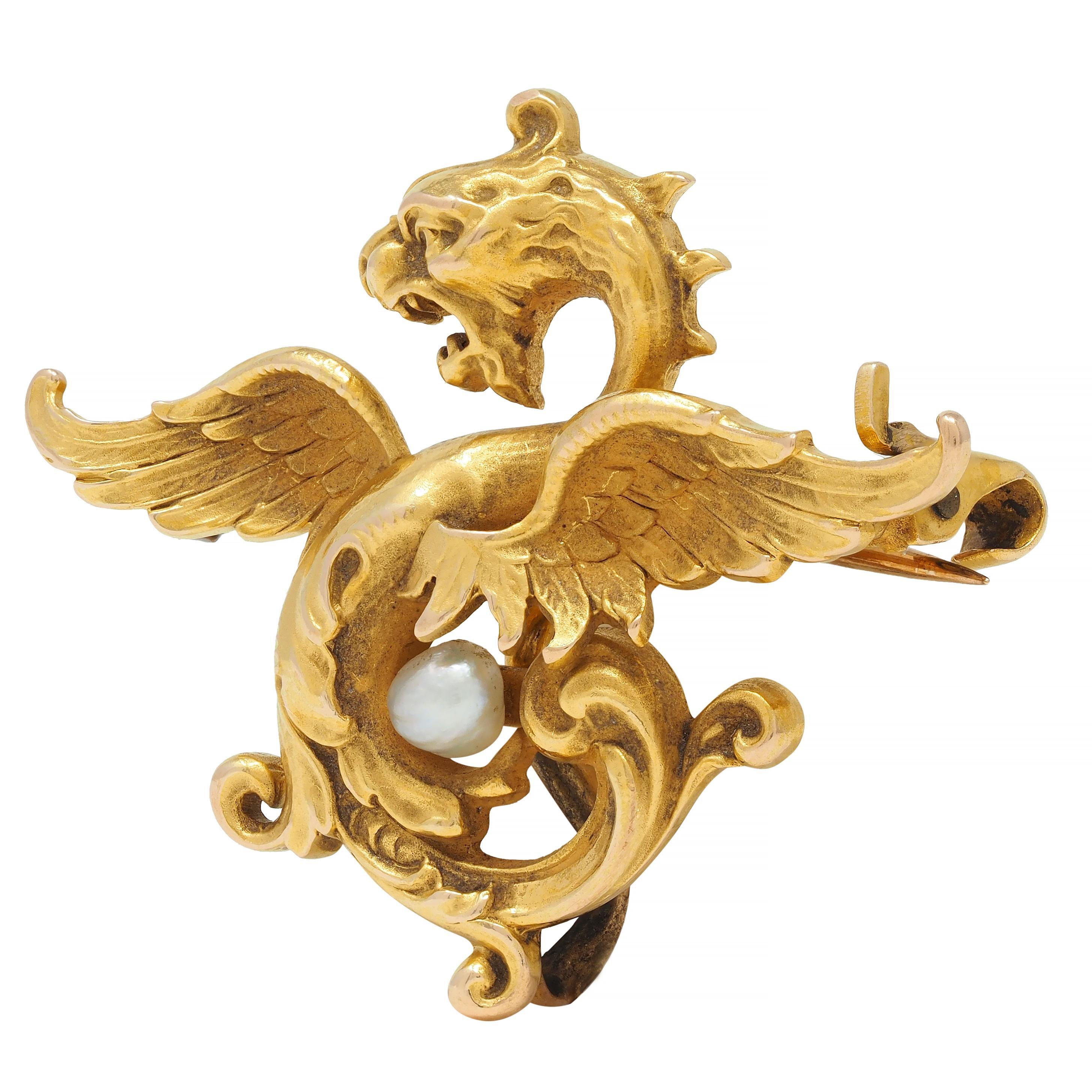 Art Nouveau Pearl 14 Karat Yellow Gold Antique Dragon Brooch In Excellent Condition For Sale In Philadelphia, PA