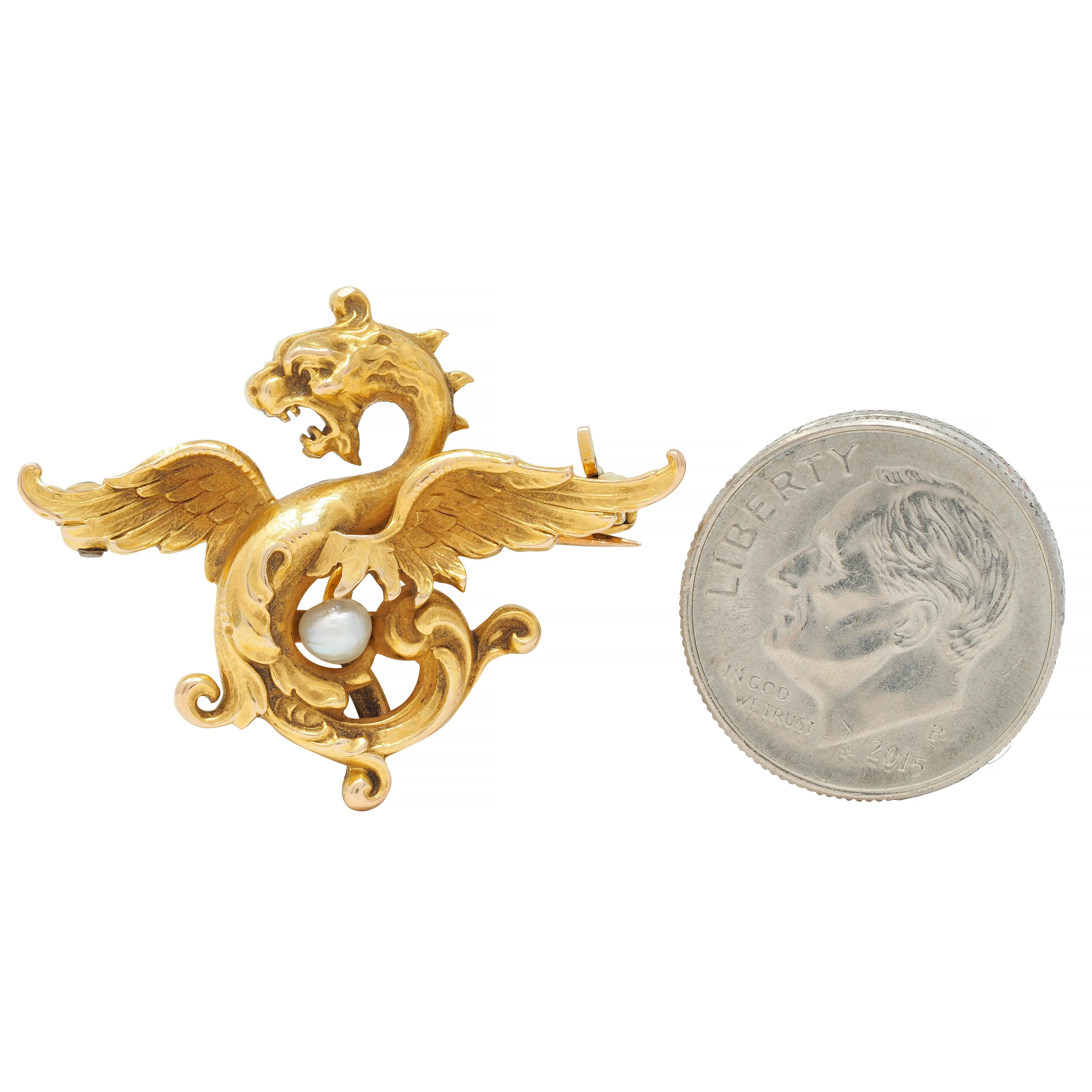 Women's or Men's Art Nouveau Pearl 14 Karat Yellow Gold Antique Dragon Brooch For Sale