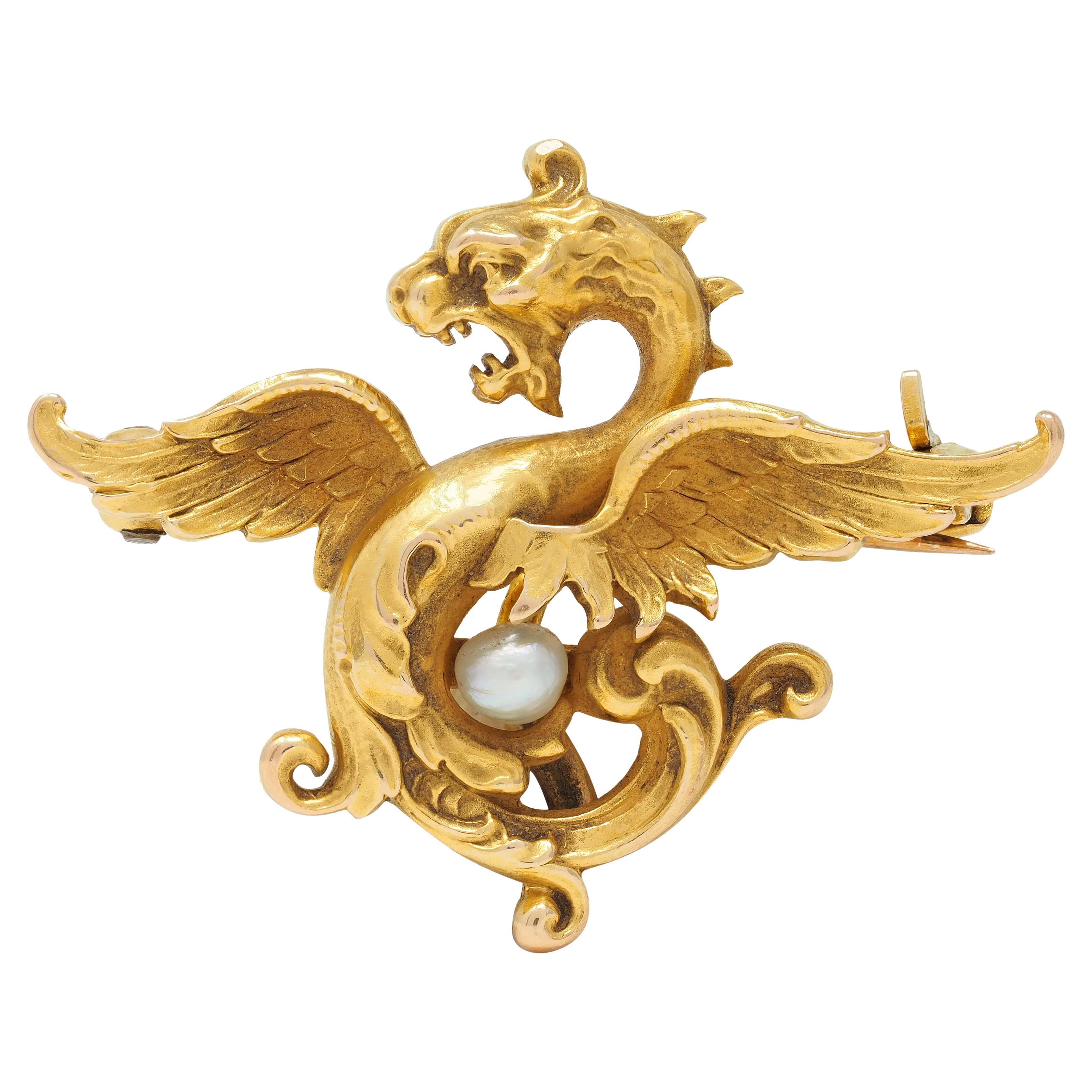 Art Nouveau Pearl 14 Karat Yellow Gold Antique Dragon Brooch For Sale